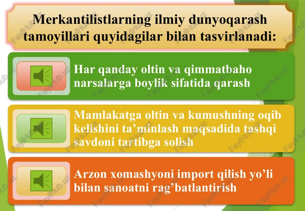 ojlantirishdir. bu g`oya (30-yillardan keng tus oldi) hozirgi iqtisodiy ta'limotlar yo`nalishidan biridir loning moliyaviy g`oyasi merkantilizm iqtisodiy ta'limotining tarixiy taqdiri xviii asrning oxirida merkantilizm iqtisodiy ta'limot yo`nalishi sifatida tarix sahnasidan tushdi. sanoat inqilobi (to`ntarishi) sharoitida bu ta'limot va unga asoslangan siyosat hayot talabiga javob bermay qo`ydi. xo`sh, bu ta'limot nega tarix sinovidan o`ta olmadi, uning " bo`sh joylari " nimalardan iborat? merkantilizm ispaniya, italiya, angliya va fransiyada ancha keng tarzda rivojlandi. masalan, ispaniyada boylik qimmatli metall, pul bilan bir narsa deb qaralgan. shu bois, ispaniyada xvii asrning boshigacha mamlakatdan oltin va kumushni olib chiqish (o‘lim jazosi tahlikasi ostida) taqiqlangan. bunday qattiq chora-tadbirlar mamlakat hayotiga salbiy ta‘sir korsatadi. xalqaro savdoda chetga chiqib qolgan ispaniya iqtisodiy rivojlanishda ancha orqada qolib ketdi. merkantilizm ispaniyada bu ta'limotning xatolarini, klassik maktab vakillari, hatto ayrim merkantilistlar ham tan olgan. a.smitning fikricha, bu " bizning savdogar va sanoatchilar tomonidan anglashilmovchilikning qorishmasidan iborat va boylik bu pulga egalik …