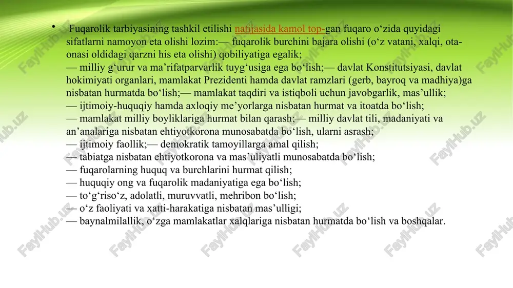 erda ilohiy kuchlarning ta’siri, mo‘jizaviy kuchi bor, deb uqtiradi. diniy dunyoqarashning mohiyati dindorlar uchun muqaddas bo‘lib hisoblangan adabiyotlarda o‘z aksini topgan. falsafiy dunyoqarash — bu olam haqidagi yaxlit va sistemalashtirilgan bilimlar yig‘indisidir. mifologik va diniy dunyoqarash hissiy a’zolarimiz orqali erishilgan ma’lumotlar asosida shakllansa, falsafiy dunyoqarash hissiy va aqliy a’zolarimiz tufayli ilm-fan yordamida to‘plangan bilimlar yig‘indisidir. ilmiy dunyoqarashni shakllantirishda badiiy adabiyot — xalq og‘zaki ijodi, ertaklar, hikoya va qissalarning ahamiyati beqiyos. masalan, „kalila va dimna“, „qobusnoma“, „ming bir kecha“ kabi durdona asarlarda qissa va mantiqiy bilishga tegishli matallar, ertaklar, hikoyalar baytlar ko‘p bo‘lib, bu ma’naviy javohirlar yoshlarning ilmiy dunyoqarashini shakllantirishda muhim o‘rin tutadi. o‘quvchilar maktabda ta’lim-tarbiya olish davrida tabiat fanlarining asoslarini o‘rganish bilan obyektiv dunyodagi predmet va hodisalarning rivojlanishi, ularning o‘zaro bog‘lanishi, harakati haqida bilimga ega bo‘ladilar. o‘quvchilar bu bilimlar asosida asta-sekin tabiat qonunlarini bilib oladilar. o‘qitish jarayonida turli tajribalar qilish va nazariy bilimning amaliy ishlar bilan bog‘lab borilishi natijasida tabiat …