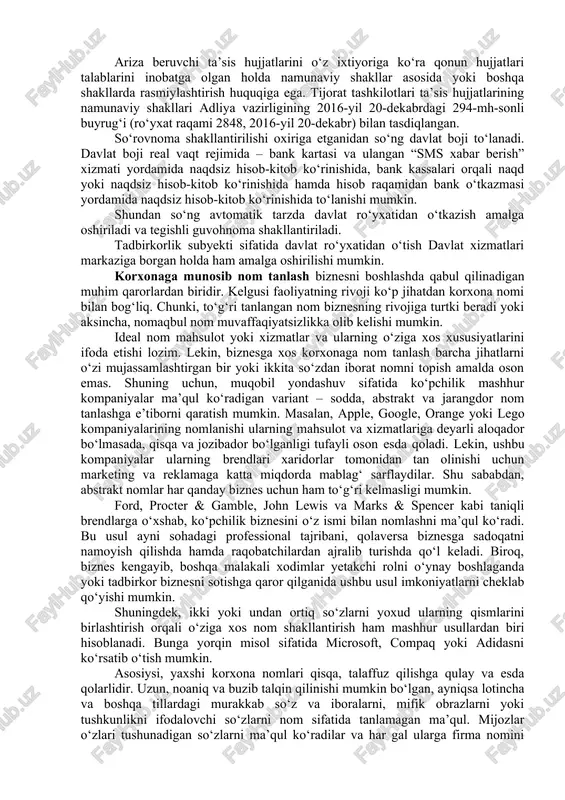 k shaxs sifatida davlat ro‘yxatidan o‘tish mumkin. yakka tartibdagi tadbirkorlik jismoniy shaxs tomonidan tadbirkorlik faoliyatini yuridik shaxs tashkil etmagan holda amalga oshirishdir. yakka tartibdagi tadbirkorlar faoliyat turidan kelib chiqqan holda bir nafardan uch nafargacha xodim yollashga haqli (o‘zbekiston respublikasi vazirlar mahkamasining 2015 - yil 31 - iyuldagi 219- sonli qarori bilan tasdiqlangan xususiy tadbirkorlar tomonidan xodimlarni yollagan holda tadbirkorlik faoliyatini amalga oshirish tartibi to‘g‘risidagi nizom). hunarmandchilik faoliyatini amalga oshirayotgan yakka tartibdagi tadbirkorlarga ko‘pi bilan besh nafar shogirdni ularga tegishlicha haq to‘lagan holda jalb etish huquqi berilgan. agar tadbirkorlik faoliyatini oila a’zolari bilan birgalikda boshlash rejalashtirilayotgan bo‘lsa, yakka tartibdagi tadbirkor – oilaviy tadbirkorlik subyekti sifatida davlat ro‘yxatidan o‘tiladi (o‘zbekiston respublikasi vazirlar mahkamasining 2009 - yil 29 - iyuldagi 216- sonli qarori bilan tasdiqlangan yuridik shaxs tashkil etmasdan oilaviy tadbirkorlikni va hunarmandchilik faoliyatini amalga oshirish tartibi to‘g‘risidagi nizom). yakka tartibdagi tadbirkorlar yuridik shaxs tashkil etmasdan shug‘ullanishi mumkin bo‘lgan faoliyat turlari ro‘yxati o‘zbekiston …