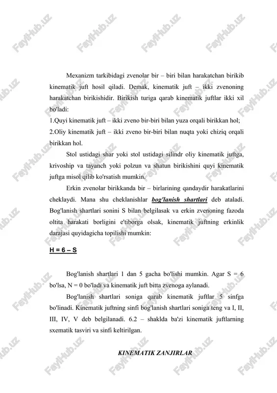 – 1) – 5r5 - 4r4 - 3r3- 2r2– r1 k – 1 = p deb olsak, yuqoridagi fomula quyidagi ko`rinishga keladi: w = 6n – 5r5 - 4r4 - 3r3- 2r2– r1 bu yerda: w – bir zvenosi qo`zg`almas bo`lgan kinematik zanjirning qo`zg`aluvchanlik darajasi; p – kinematik zanjirdagi qo`zg`aluvchan zvenolar soni. bu formula somov – malshev formulasi deb ataladi. tekislikdagi kinematik zanjirlar uchun qo`zg`aluvchanlik darajasini topish formulasi p.l.chebishev tomonidan taklif etilgan bo`lib, bu formula quyidagi ko`rinishga ega: w = 3n – 2r5 - r4 mexanizmlarning tuzilish tahlili mexanizmlarni tuzilish jihatidan tahlil qilishda ilgarigi mavzuda ko`rib o`tilgan somov – malshev va chebishev formulalaridan foydalanib mexanizmning qo`zg`aluvchanlik darajasi topiladi. mexanizmning qo`zg`aluvchanlik darajasi nechaga teng chiqsa, mexanizmning shuncha zvenosiga oldindan ma`lum bir qonun asosida harakat berilish zarur bo`ladi. shundagina mexanizmning qolgan zvenolari muayyan qonun asosida davriy harakatda bo`ladi. yuqoridagi mavzuda yuritilgan mulohazalardan mexanizmga quyidagicha boshqacha ta`rif berish mumkin: kinematik zanjir tarkibiga kiruvchi …