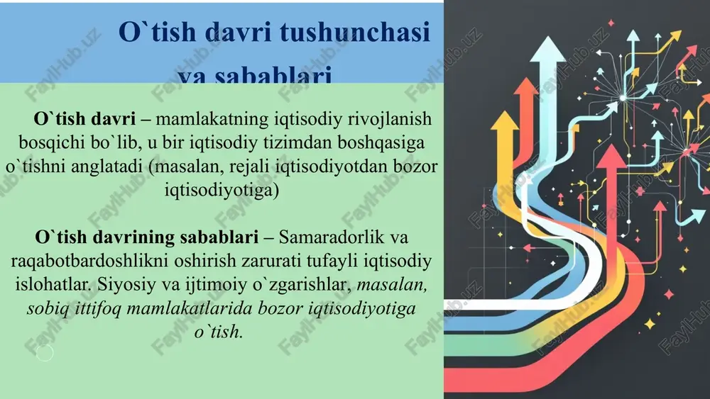 qilish imkoniyatlarini kengaytiradi. 11 davlat mulkini xususiylashtirish 1 boshlang'ich bosqich (1992-1994) kichik korxonalar va uy-joy fondini xususiylashtirish. bu davrda davlat mulkining bir qismi fuqarolarga tekin yoki imtiyozli shartlar asosida berildi. 2 keng ko'lamli xususiylashtirish (1994-1998) o'rta va yirik korxonalarni aksiyadorlik jamiyatlariga aylantirish. xususiy mulkdorlar sonini ko'paytirish va xorijiy investorlarni jalb qilish. 3 strategik xususiylashtirish (1998-hozirgi kungacha) yirik va strategik ahamiyatga ega bo'lgan obyektlarni xususiylashtirish. bu jarayon sekinroq va tanlov asosida amalga oshirilmoqda. 12 o`zibekistonda xususiylashtirish bosqichlarining asosiy natijalari: dastlabki bosqich (1991-1992). davlat mulkini xususiylashtirish uchun qonunchilik bazasi yaratildi. 1993-1995 yillar. bu davrda qariyb 7,000 dan ortiq kichik korxona xususiylashtirilgan. 1996-2000 yillar. ishlab chiqarish sanoatiga e'tibor kuchaytirildi. 2001-yildan keyingi davr. yangi qonunchilik va islohotlar joriy etildi. 1991-2000 yillar davomida 20,000 dan ortiq kichik va o‘rta korxonalar, xizmat ko‘rsatish sohasidagi ob’ektlar va davlat mulkiga tegishli boshqa aktivlar xususiylashtirildi. davlat mulki va davlat ishtirokidagi korxonalar hisobini yuritish property.davaktiv.uz axborot tizimi orqali amalga oshiriladi. …