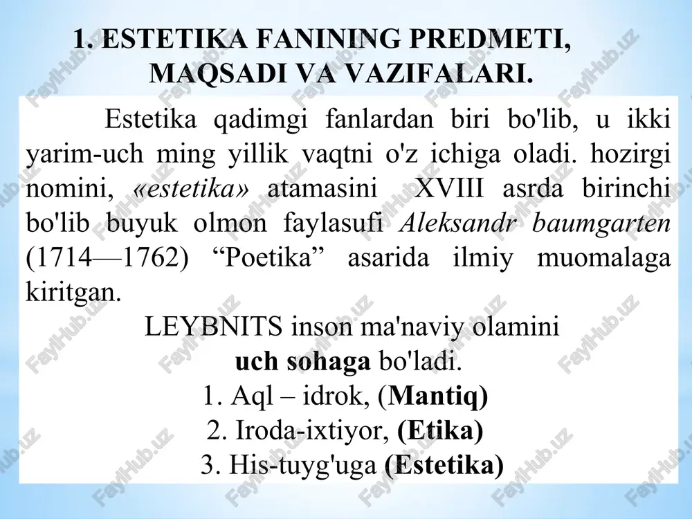 g tizimlashgan shakldagi ifodasidir. ular estetik ongning g'oyaviy-mafkuraviy sohasi bo'lib, fikr shakllarida bayon etiladigan g'oya, ta'limotlar ko'rinishida mavjud bo'ladi. estetik faoliyat - estetik ong asosida yuzaga keladigan, shakllanadigan inson faoliyatining o'ziga xos turidir. estetik faoliyat estetik ongda ifodalangan g'oya, qarashlarning ro'yobga chiqishi, amaliyotga aylanishining usulidir. estetik fikr taraqqiyotining bosqichlari 1. qadimgi dunyo estetik fikri. 2. o’rta asrlar (sharq , ovrupa) estetikasi. 3. yangi davr ( xuiii-x1x asrlar) estetikasi. 4. hozirgi davr (xx-xx1 asr boshlari) estetikasi. qadimgi dunyoda, ko’pgina adabiyotlarda ko’rsatilganidek, estetik fikr, madaniyat qadimgi yunon, rimliklardan emas, balki yuqorida qayd qilganimizdek, qadimgi sharq xalqlaridan boshlangandir. qadimgi hind, xitoy, misrliklar bilan birga markaziy osiyo xalqlari ajoyib badiiy-estetik qadriyatlarni yaratganlar. afsuski, ular bu yurtga turli davrlarda bostirib kelgan bosqinchilar tomonidan ko’pchiligi yo’q qilingan. qadimgi yunonlar estetik fikr taraqqiyotiga munosib xissa qo’sha olgan xalqdir. protagor, gorgiy, sokrat (sukrot), pifagor, platon (aflotun), aristotel (arastu), plotin kabi mutafakkirlar estetik fikr rivojiga katta xissa qo’shadilar. bu …