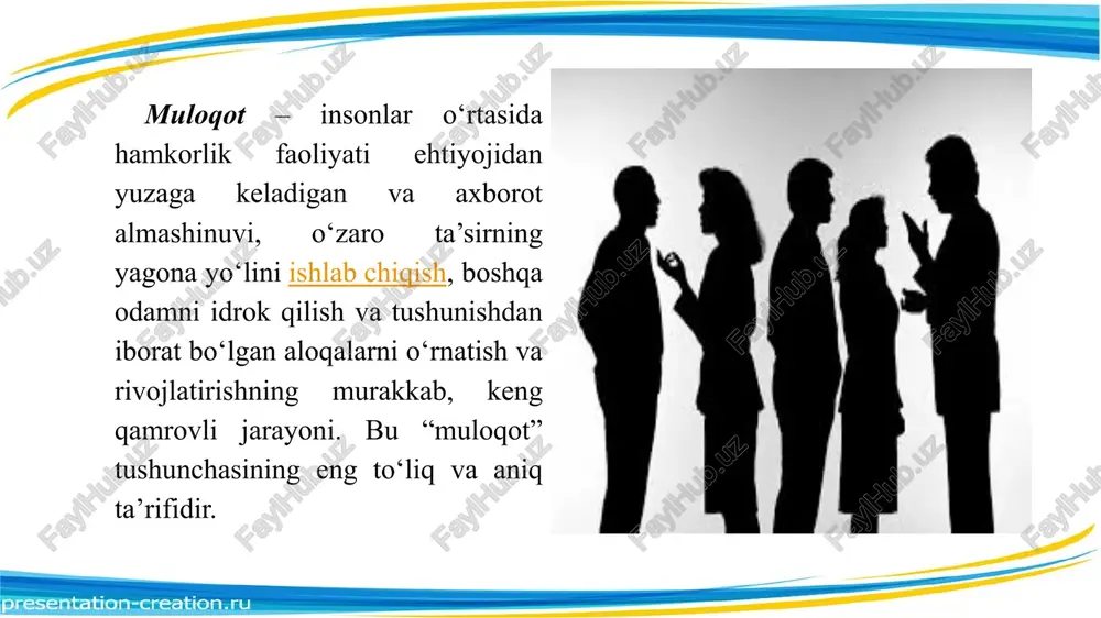 u bilan birga, madaniyatning moddiy shakllari, buyumlar xizmat qiladi. adabiyotlar: asosiy adabiyotlar: 1. abduraxmonova m., fattoxova d., xalmuxammedova u., inogamova n., egamberdiyeva n. o‘zbek tili (o‘quv qo‘llanma). – toshkent: mumtoz so‘z, 2018, – 150 b. 2. inogamova n. o‘zbek tilining sohada qo‘llanishi. (o‘quv qo‘llanma). barcha ta’lim yo‘nalishlari uchun. – globe edit. germaniya. 2023, – 168 b. 3. topildiyeva f. o‘zbek tilining sohada qo‘llanishi. (o‘quv qo‘llanma). gumanitar ta’lim yo‘nalishlari uchun. – toshkent. o‘zbekiston milliy universiteti. 2024, – 264 b. qo‘shimcha adabiyotlar: o‘zbekiston respublikasi prezidenti sh.mirziyoyevning 2019-yil 21-oktabrdagi “o‘zbek tilining davlat tili sifatidagi nufuzi va mavqeyini tubdan oshirish chora-tadbirlari to‘g‘risida”gi pf-5850-son farmoni. 2. o‘zbekiston respublikasi prezidentining 2020-yil 29-yanvardagi “o‘zbekiston respublikasi vazirlar mahkamasi huzuridagi atamalar komissiyasining faoliyatini tashkil qilish chora-tadbirlari to‘g‘risida”gi pq – 40-son qarori. image4.png image5.png image6.jpg image7.jpg image8.jpg image9.jpg image10.jpg image11.jpg image12.jpg image13.jpg image14.jpg image15.jpg image16.jpg image1.jpg /docprops/thumbnail.jpeg