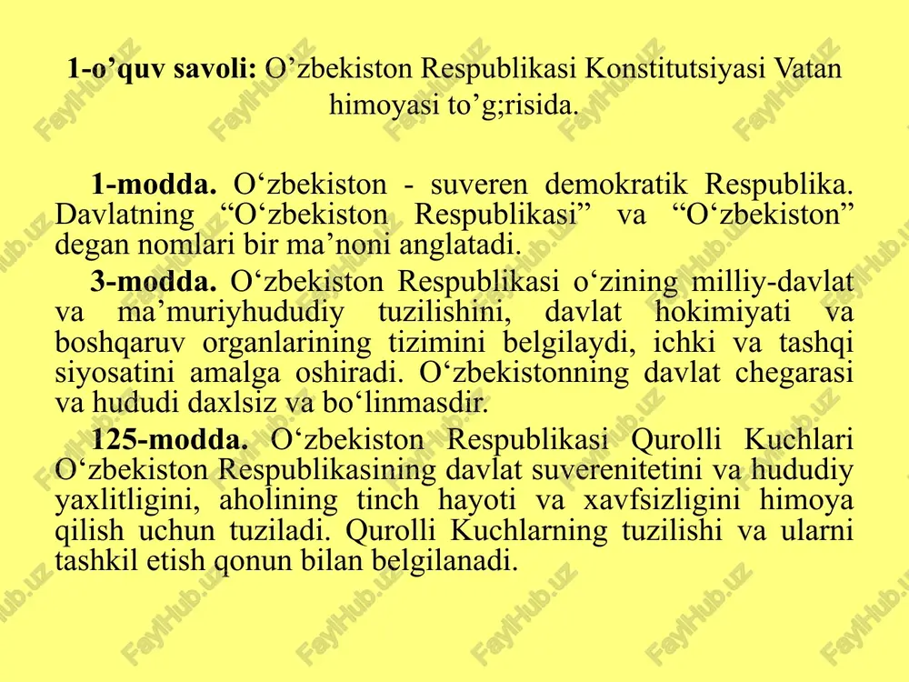 tajovuzni daf etishga doim shay turishi; -qurolli mojarolarning xususiyatiga monand bo‘lishi; -yadroviy va boshqa turdagi yalpi qirg‘in qurollarini ishlab chiqarishni, qayta ishlashni, olishni, saqlashni, tarqatishni va joylashtirishni rad etish; -mudofaaning yetarli darajada bo‘lishi; -harbiy xizmat sharafli ekanligini ta’minlash. image1.jpeg /docprops/thumbnail.jpeg