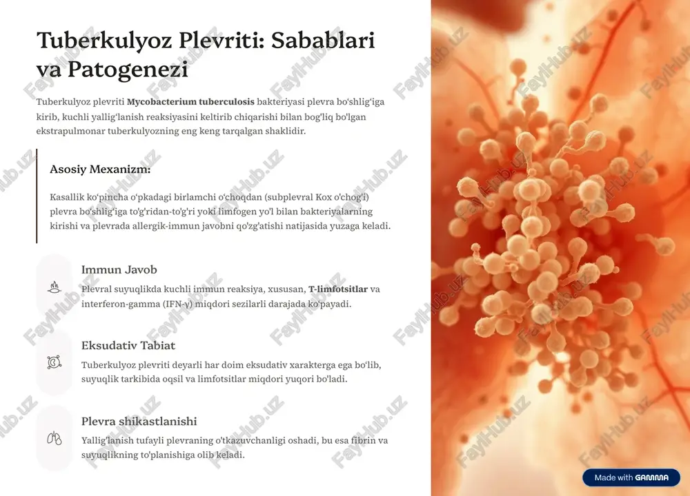kortikosteroidlar og»riq va plevral yallig»lanishni tezda kamaytirishga yordam berishi mumkin. biroq, ulardan foydalanish munozarali bo'lib qolmoqda va odatda faqat jiddiy yallig'lanish bilan kechgan holatlarda qo'llaniladi. yordamchi davo jismoniy mashqlar, ayniqsa nafas olish mashqlari va fizioterapiya o'pkaning faoliyatini tezroq tiklash va plevra qavatlarining yopishib qolishini oldini olish uchun juda muhimdir. https://gamma.app/?utm_source=made-with-gamma mumkin bo'lgan asoratlar va oldini olish tuberkulyoz plevritini o'z vaqtida va to'liq davolamaslik jiddiy va uzoq muddatli asoratlarga olib kelishi mumkin. plevral yopishmalar (fibroz) yallig'lanish jarayoni fibrinning to'planishiga va plevra qatlamlarining bir- biriga yopishishiga (plevral fibroz) olib keladi. bu o'pkaning kengayishini cheklab, nafas olish funktsiyasini buzishi mumkin. empiema rivojlanishi plevra bo'shlig'ida yiring (katta miqdorda yiringli suyuqlik) to'planishi. bu o'tkir infektsiya bo'lib, drenaj va uzoqroq antibakterial davoni talab qiladi. o'pka qisqarishi surunkali fibroz natijasida o'pka to'qimasi qattiqlashadi va qisqaradi, bu esa qaytmas nafas etishmovchiligiga olib kelishi mumkin. asoratlarni oldini olishning eng muhim omili 4 bu kasallikni erta tashxis qilish va tibbiyot …