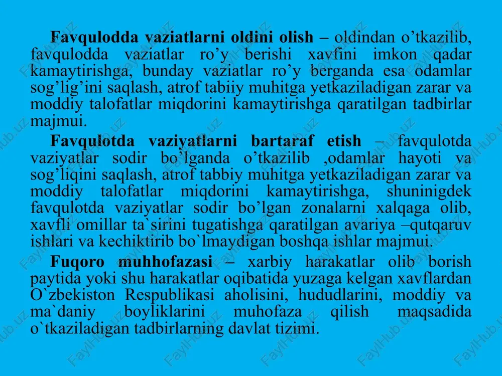 sida tegishli organlar (dxx, iib)ga xabar bering, zarur bo`lsa odamlarni evakuatsiya qilishni tashkil eting. portlovchi qurilma ishga tushganda: -sodir bo`gan voqea to`g`risida tegishli joylar (ichki ishlar bo`limi, qutqaruv xizmati, hokimyatning tezkor navbatchisi)ga xabar bering; -imkon qadar yuzaga kelgan vaziyatga baho berishga harakat qiling: portlash joyi, jarixatlanganlar soni, yong`in chiqgan-chiqmaganligi va h.k.; -voqea joyiga begonalar va qiziquvchilar yaqinlashishini oldini oling; -jaroxatlanganlarga birinchi tibbiy yordam ko`rsatishni tashkil eting. shubxali buyum topib olinganda: -zudlik bilan topilgan shubxali buyum to`g`risida xabar bering; -odamlarni xavfsiz joyga olib chiqing; -odamlarning shubxali buyumga yaqinlashishlariga, radioaloqa vositalari, uyaliy telefon va radioportlagichni ishlab ketishiga sabab bo`lishi mumkin bo`lgan vositalardan foydalanishiga yo`l qo`ymang; -huquqni muhofaza qilish organlari vakillari yetib kelishini kuting. image1.jpeg /docprops/thumbnail.jpeg