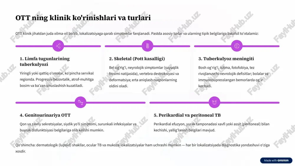 obe assays va whole-genome sequencing doril resistentligi genetik markerlarini aniqlash; murakkab holatlarda davolash strategiyasini shakllantirish uchun zarur. namuna olish sifati va joylashuvi test natijalarining ishonchliligini belgilaydi — biopsiya, aspiratsiya yoki operativ namunalar imkon qadar steril va maqsadga muvofiq olinishi lozim. 7 patomorfologik tekshiruvlar va biopsiya ahamiyati histologik va sitologik tekshiruvlar ko'pincha ottni tasdiqlashda hal qiluvchi rol o'ynaydi. granulomatoz yallig‘lanish, caseous nekroz va epiteloid hujayralar mavjudligi tuberkulyozni kuchli ko‘rsatkichidir. biopsiya turlari fin needle aspiration cytology (fnac) — limfa tugunlari uchun core needle biopsy — suyak va yumshoq to‘qima endoscopic/guided biopsy — mediastinum yoki ichki organlarda surgical excision — zarur bo‘lganda va katta namunalar uchun histologik topilmalar granulomalar bilan bog‘langan xohishsiz nekroz, langhans-urlash hujayralari va shuningdek ziehl–neelsen bo‘yicha asid-fast bacilli ko‘rinishi. immunohistokimyoviy va molekulyar qo‘shimchalar namunaning m.tuberculosis dnksi uchun pcr, va immuno-marka yordamida differensial diagnostika (saraton, sarkoidoz, boshqa granulomatoz kasalliklar) amalga oshiriladi. biopsiya natijalari klinik va laborator ma'lumotlar bilan birgalikda baholansa, tashxis …