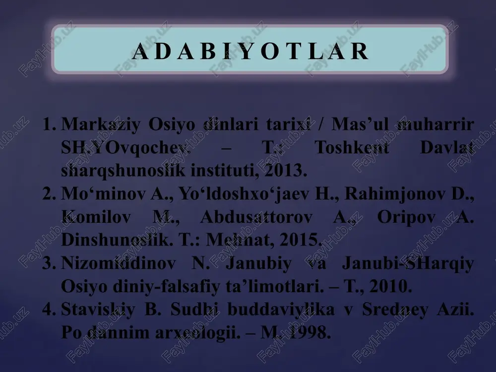 berib yordam ko`rsatuvchi har qanday oddiy dindor najot topishi mumkin degan ta`limotga asoslanadi. bu xudolarga ishonish yo`llari barcha uchun mumkin bo`lganligi sababli u «katta arava» nomini olgan. { tszintu xitoyda vujudga kelgan va keyinchalik yaponiyaga o`tgan. unga xuey-yuan’ asos solgan. xitoyshunos olimlarning ta`kidlashlariga qaraganda, tszintu yo`nalishi daosizm, hatto qadimgi xitoy «sinizm»i ta`sirida shakllangan. { tenday bu nom shunday deb atalgan bir ibodatxona nomi bilan bog’liq. mazkur yo`nalishning ilk va ko`zga ko`ringan vakillaridan biri monax chji-i bo`lgan. tenday yo`nalishi o`z tarafdorlari orasida katta obro`ga ega bo`lgan va xiv asrga qadar mavjud bo`lgan. { tantrizm hindistonda birinchi ming yillik o`rtalarida vujudga kelib, keyinchalik xitoyga ham o`tgan. buddizmning ushbu yo`nalishi viii asrga kelib juda taraqqiy topdi. { chan’-buddizm mazkur yo`nalishning nomi sanskrit tilidagi «dxiana» (meditatsiya, fikrni jamlash) so`zidan kelib chiqqan. hindistonda vujudga kelgan dxiana buddizm maktabi tarafdorlari vaqti-vaqti bilan tashqi olamdan uzilib, ushbu abadiy tashvishlardan chetlanish va fikrni bir nuqtaga jamlash ta`limotini ilgari …