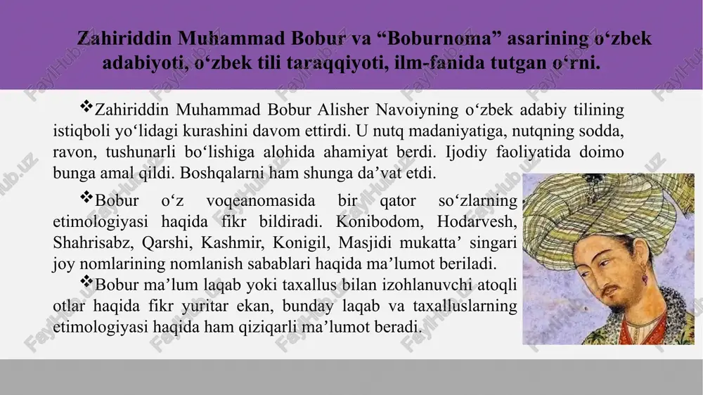 y e’tibor qaratdi, unga o‘z munosabatini bildirdi. olimning “o‘zbek tili qoidasi to‘g‘risida bir tajriba: sarf” asarida o‘zbek tilining fonetik tizimi chuqur tahlil qilingan. fitratning sof morfologik qarashi uning “sarf” (morfologiya) asarida o‘z ifodasini topgan. fitratning so‘zga jiddiy e’tibor berganligi, ayniqsa, so‘zga, avvalo, ma’no anglatish nuqtayi nazaridan yondashganligi, birinchi o‘ringa mazmunni qo‘yganligi, ya’ni ma’nodan shaklga qarab borganligi muhim. uning o‘zbek tilshunosligining o‘sha davr uchun eng dolzarb bo‘lgan masalasiga jiddiy e’tibor qaratganligiga “ishtirokiyun” gazetasida nashr qilingan “tilimiz” maqolasi asos bo‘la oladi. abdurauf fitrat hozirgi o‘zbek adabiy tilining asoschisi. 1. mirzo ulugʻbek, sulton husayn boyqaro, zahiriddin muhammad bobur, gulbadanbegim, zebunniso kabi shaxslar qaysi sulolaning mashhur kishilari? a) chingiziylar b) temuriylar c) shayboniylar d) mang‘itlar 2. “voqeanoma” qaysi asarning yana bir nomi? “zafarnoma” b) “shajaryi turk” c) “boburnoma” d) “tarixi arba ulus” 3. antik davrda ham, arab xalifaligida ham … ga har qanday ziyoli kishining, ayniqsa, davlat arbobining egallashi lozim boʻlgan eng muhim sanʼat …