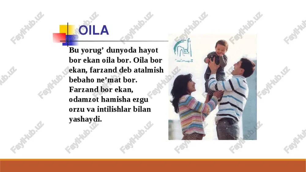 moddiy ta’minot beradilar. shuningdek ota-ona keksaygan cho‘g‘ida o‘z farzandlaridan moddiy ta’minot olish huquqiga ega. bu moddiy ta’minotlar qonunda aliment deb ataladi. ota-ona hamda bolalarning aliment huquqi va majburiyatlari haqida so’z borar ekan, oila kodeksining xiv bob, 96-moddasida “ota-ona voyaga yetmagan bolalariga ta’minot berishi shart. voyaga yetmagan bolalariga ta’minot berish majburiyatini ixtiyoriy ravishda bajarmagan ota (ona)dan sudning hal qiluv qaroriga yoki sud buyrug‘iga asosan aliment undiriladi. voyaga yetmagan bolalarga aliment to‘lash haqida ota-ona o‘rtasida kelishuv bo‘lmaganda yoki aliment ixtiyoriy ravishda to‘lanmaganda va ota-onadan birortasi ham aliment undirish to‘g‘risida sudga da’vo yoxud ariza bilan murojat qilmagan hollarda, vasiylik va homiylik organlari, shuningdek o‘n to‘rt yoshga to‘lgan bola voyaga yetmagan bolaning ta’minoti uchun ota yoki onadan qonunda belgilangan miqdorda aliment undirish to‘g‘risida da’vo qo‘zg‘atishga haqlidir”, deb belgilangan. bundan ko‘rinadiki ota yoki ona sud qarori asosida farzand qaysi birining qaramog‘ida qolayotgan bo‘lsa, unga aliment to‘laydi. image2.png image3.jpeg image4.jpeg image5.jpeg image6.jpeg /docprops/thumbnail.jpeg