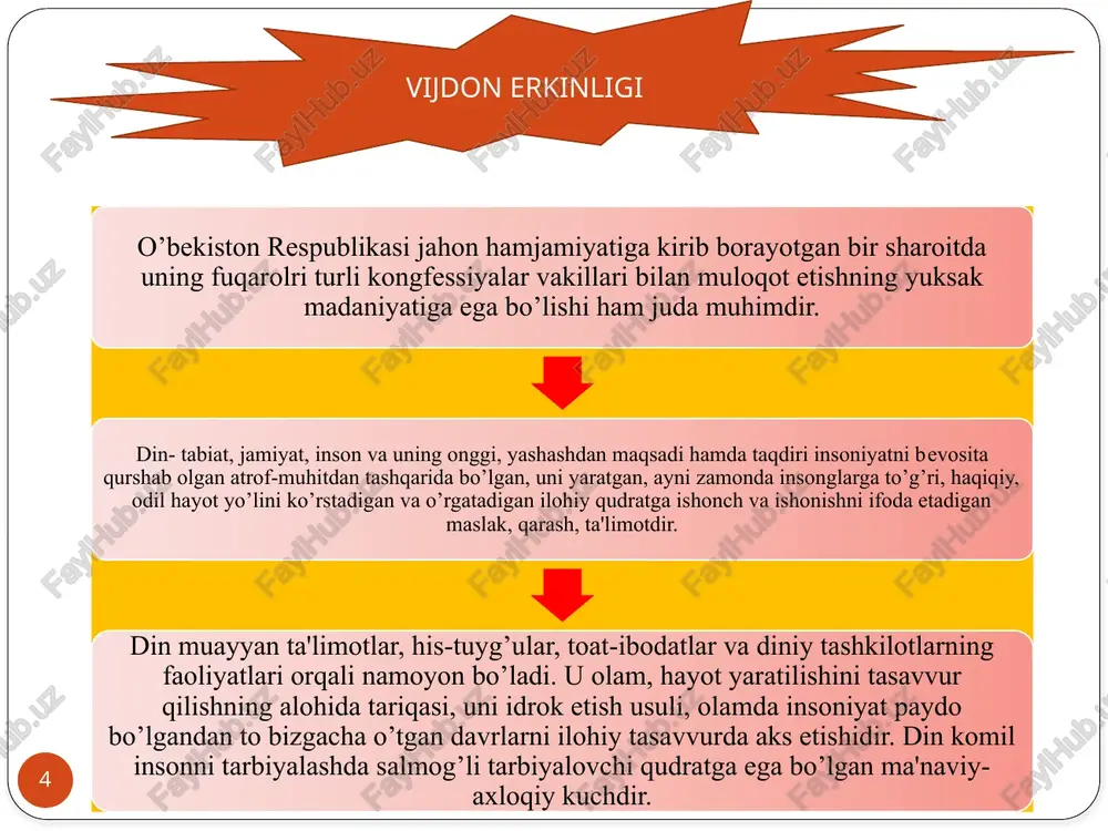ir ko’rsatadi. u ibtidoiy bo’lsa ham aqlli, fikr yurituvchi, ma'lum tahlilga qobiliyatli, konkret holatda fikr yurita oladigan, doimiy faoliyatida vujudga kelgan amaliy tajribalarga ega bo’lgan odam edi. totemizm… totemizm. totem so’zi - shimoliy amerikada yashaydigan ojibva qabilasi tilida "uning urug’i" ma'nosini anglatadi. uning mohiyati «odamlarning hayvonot yoki o’simlikning muayyan turlariga qarindoshlik aloqalari bor", deb e’tiqod qilishdir. ehtimol, ma'lum bir jamoaning avvalda asosiy ozuqa manbaini tashkil qilgan hayvon yoki o’simlikka nisbatan e'tibor keyinchalik vujudga kelgan qabilaning diniy tasavvurlarining asosiy shakllaridan biriga aylangan bo’lishi mumkin. urug’dosh guruhlar ularini umumiy belgilari va totemlari bo’lgan hayvon yoki o’simlikdan kelib chiqqan deb bilar edilar. ammo bunday totemlar va odamlar orasidagi aloqalar uzoq o’tmishga tegishlidir va bilvosita ularning mavjud bo’lganligini faqatgina qadimgi rivoyatlar tasdiqlaydi. masalan, hozirgi davrgacha avstraliya aborigenlari orasida saqlanib qolgan afsongalardan ularning tasavvurlarini bilib olish mumkin. 14 animizm… 15 animizm (lotin tilida anima - ruh., jon ma'nolarini anglatadi). animizm ruhlar mavjudligiga ishonch, tabiat kuchlarini …
