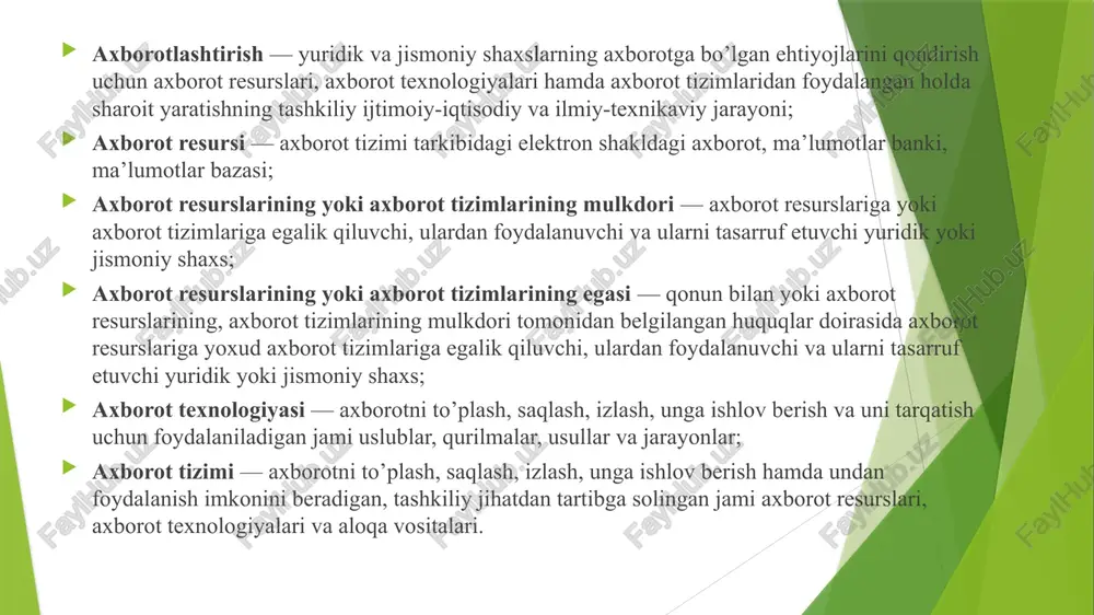 oliyat ko’rsatish, axborotni olish, ishlov berish va foydalanish qoidalarini aniqlab beradi. an’anaviy tizimlarni yaratish davri uslubi («sharshara») yoki hozirgi terminda kaskadli model quyidagi bosqichlardan iborat: tizimni tasavvur etish.bu bosqichda hal qilinadigan muammo aniqlanadi va uning texnik jixatdan amalga oshirilishi imkoniyati o’rganiladi. bunda qo’yiladigan savol: «muammo nimadan iborat va bu muammoni qanday yechish mumkin?». tizim tahlili – bu bosqichda muammo echilishi uchun axborot tizimi nima qilish kerak?- degan savolga javob izlanadi. bu bosqichda amaldagi tizim va uning ish jarayoni o’rganiladi. bu esa tizimning kuchlik tarafini, kamchiligi va yangi imkoniyatlarini namoyish etadi. tizim tahlilidan chiqadigan natija – tizim talablari ro’yxati va ularning ustunligi. tizim dizaynini yaratish, ya’ni “axborot zimi muammoni echish uchun qanday ish tutishi kerak” – degan savolga javob beradi. bu bosqichning natijasi – yangi yoki o’zgartirilgan tizimning batafsil dizayni. tizim dizaynida kiruvchi, chiquvchi ma’lumotlar, tizim interfeysi; uskunalar, dasturlar, ma’lumotlar bazasi, telekommunikatsiya, xodimlar va protseduralar; ushbu komponentlar orasidagi aloqa va munosabatlar …