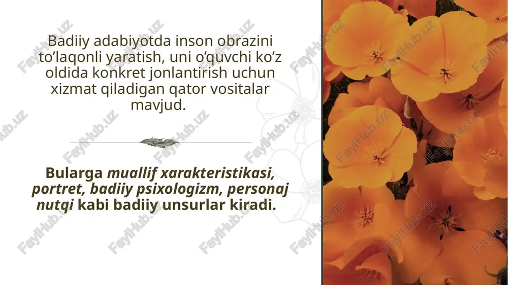 avba, men o’zimni boqolmayapman-ku, oilamni,o’g’limni qanday oyoqqa qo’yar ekanman?.. otam bizga,beshovlon o’g’ilga, berganini men bor-yo’g’i bittagina jigarbandimga in’om qilolganim yo’q.nega axir ?....” zagolovok prezentatsii 8 asarda personaj ruhiyatining uning xatti-harakatlari, gap-so’zlari, yuz- ko’z ifodalari(mimikasi), fiziologik o’zgarishlarini ko’rsatish orqali ochib berilishi bevosita psixologik obrazdir. masalan, “hammalari dasturxon atrofiga o‘tirishganda duo o‘qildi. so‘ng halima aya turib, non-choy keltirdi. elbekka bir hovuch yong‘oq berib, o‘g‘lim shularni chaqib kel, deya o‘zi cho‘kka tushib non ushata boshladi. yusuf sumkasidan qand va pishloq olib dasturxonga qo‘ydi. odil aka har doimgi joyida bo‘lsa ham avvalgidek yonboshlab emas, balki tizzalarini omonatgina bukib, oyoqlarini iloji boricha o‘ziga yaqin tortib o‘tirardi” asarda asl muvozanatni saqlay olgan qahramon, o’zbek otalariga xos oriyatli, so’zi keskir, ismi kabi har ishda adolatli odil akaning ushbu lavhadagi xatti-harakati va psixologik holati orqali o’zbek xalqi hayotining istiqlolga erishilgan pallalar “o’tish davri”dagi moddiy qiyinchilik, yo‘qchilikdan ruhan ezilgan otaning xijolati misolida gavdalanadi. shuningdek, milliy ruhiyat halima aya misolida …