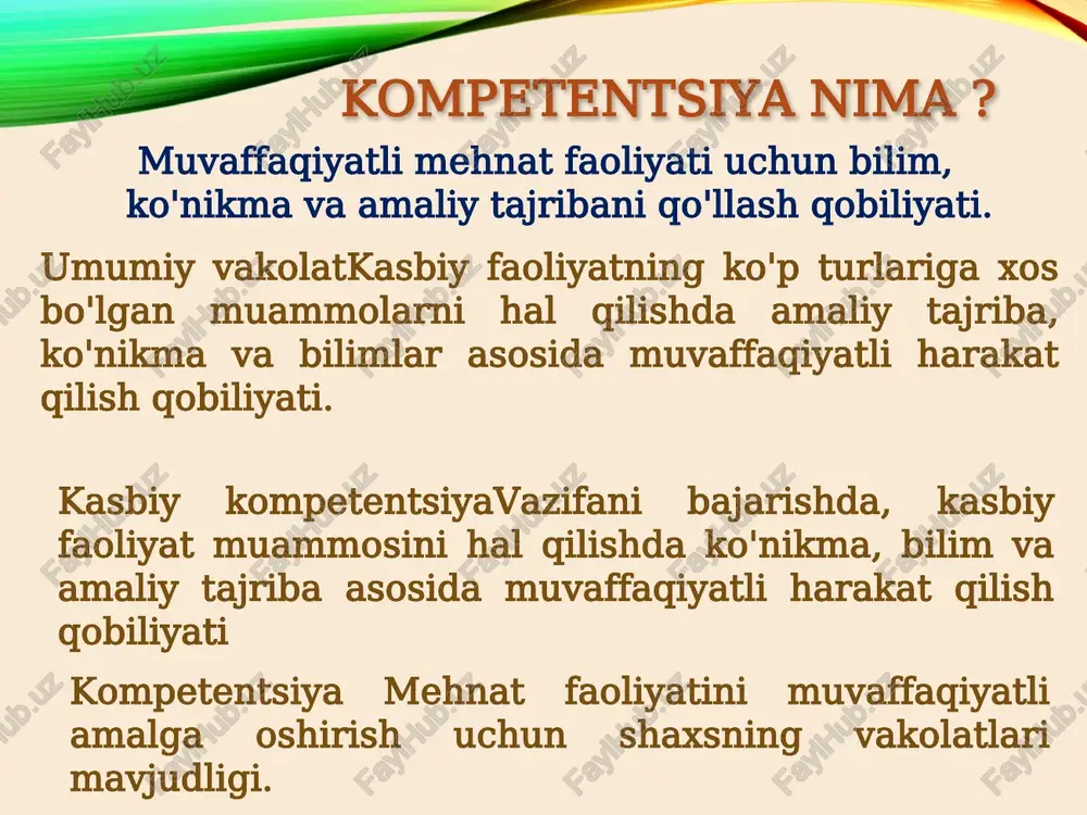 yatning xususiyatlari, inson va insoniyat hayotining ma'naviy va axloqiy asoslari, alohida xalqlar, oilaviy, ijtimoiy, ijtimoiy hodisalar va urf-odatlarning madaniy asoslari, fan va dinning inson hayotidagi o'rni, ularning dunyoga ta'siri, kundalik va madaniy-hordiq chiqarish sohasidagi vakolatlari. o'quv va kognitiv kompetentsiya. bu o'qituvchining mustaqil bilim faoliyati sohasidagi vakolatlari to'plami, shu jumladan mantiqiy, uslubiy, umumiy ta'lim faoliyati elementlari, haqiqiy bilim ob'ektlari bilan bog'liq. bunga maqsadlarni belgilash, rejalashtirish, tahlil qilish, aks ettirish, o'quv va kognitiv faoliyatni o'z-o'zini baholash bo'yicha bilim va ko'nikmalar kiradi. axborot kompetentsiyasi. ushbu kompetentsiya o'qituvchilar faoliyati ko'nikmalarini o'quv fanlari va ta'lim sohalarida, shuningdek atrofdagi dunyoda mavjud bo'lgan ma'lumotlar bilan ta'minlaydi. kommunikativ kompetentsiya kerakli tillarni bilish, atrofdagi odamlar va voqealar bilan muloqot qilish usullari, guruhda ishlash ko'nikmalari, jamoadagi turli ijtimoiy rollarni o'z ichiga oladi. ijtimoiy-mehnat kompetentsiyasi fuqarolik-ijtimoiy faoliyatda, ijtimoiy-mehnat sohasida, oilaviy munosabatlar va majburiyatlar sohasida, iqtisodiyot va huquq masalalarida, kasbiy o'zini o'zi belgilashda bilim va tajribaga ega bo'lishni anglatadi. shaxsiy o'zini takomillashtirish …