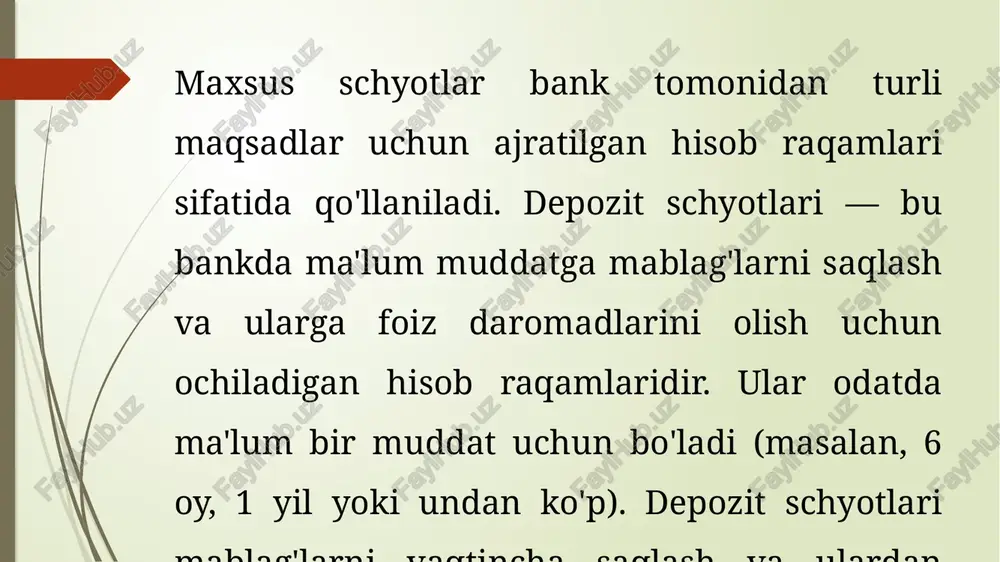 anda, ularning maqsadga muvofiq sarflanishi kerak. maxsus schyotlar bilan bog'liq barcha operatsiyalar aniq hujjatlar asosida amalga oshiriladi. bu hujjatlar, asosan, to'lov buyurtmalari, hisob-fakturalar, soliq to'lovlari va boshqa hujjatlar bo'lishi mumkin. har bir operatsiya va mablag'ning kelib chiqishi, maqsadi va sarflanishi haqida to'liq ma'lumot beruvchi hujjatlar mavjud bo'lishi kerak. to'lov buyurtmalari va hisob-fakturalar: mablag'larni sarflash uchun har doim to'lov buyurtmasi yoki faktura taqdim etilishi kerak. schyot balansini tekshirish: bank va mijoz o'rtasida balanslar va mablag'lar harakati muntazam tekshiriladi. audit va nazorat: schyotlar bo'yicha auditlar o'tkazilishi mumkin, bu esa mablag'larning maqsadga muvofiqligini ta'minlaydi. maxsus schyotlarda mablag'larni saqlashda, banklar va mijozlar uchun bir qator risklar mavjud. ularning oldini olish uchun quyidagi chora-tadbirlar qo'llaniladi: mablag'larning noto'g'ri ishlatilishi: mablag'lar faqat aniq maqsadlar uchun ishlatilishi kerak. schyotdan mablag'ni sarflash uchun bank tomonidan tasdiqlash zarur. xavfsizlik: maxsus schyotlar orqali amalga oshiriladigan operatsiyalar xavfsiz va shaffof bo'lishi uchun bank tomonidan xavfsizlik choralarini ko'rish zarur. bank har bir maxsus …