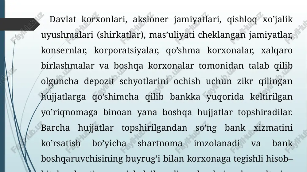 gar tashkilot o'z faoliyatini xorijiy banknotlardan foydalangan holda amalga oshirsa, oxirgi variant faol qo'llaniladi. bunday holatlarda siz uchta hisob ochishingiz kerak bo'ladibirinchisi mavjud valyutani to'g'ridan-to'g'ri tasarruf etish uchun zarur, ikkinchisi kiruvchi mablag'larning hisobini yuritadi, uchinchisi esa ichki bozorda sotib olingan valyutani hisobga olish uchun ishlatiladi. chet el valyutasidagi bank hisobvarag'i bo'yicha operatsiyalar o'z egasiga xizmatlarning butun majmuasini taqdim etadi. mijozning iltimosiga binoan banknotlarni sotib olish va keyinchalik sotish; konvertatsiya faoliyati; valyuta tushumlarini sotish; egasi tomonidan tuzilgan eksport-import operatsiyalariga muvofiq pul mablag'larini o'tkazish. yuridik shaxslar ya’ni, mustaqil balansga, nizom va ustaviga ega bo’lgan sub’ektlar banklarda o’zlarining hisob-kitob schyotini (5110 – «hisob-kitob schyoti») ochish huquqiga egadirlar. chunki vaqtincha foydalanishdan chetga chiqarilgan pul mablag’larini saqlash va ularning ustidan tizimli va doimiy nazoratni kuchaytirish lozim. bank yoki boshqa moliyaviy tashkilotlarning schyotlarini qo’llash pul mablag’lari ustidan nazoratlarni o’rnatishning muhim usulidir. image1.png image2.png /docprops/thumbnail.jpeg