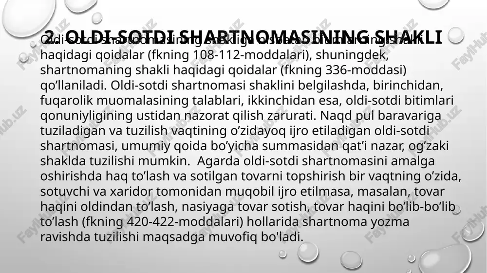 tib oluvchi ham o’z navbatida sotuvchi oldida quyidagi hollarda javobgar bo’ladi: a) sotilgan tovar uchun haqni to’lamasa yoki to’lashni kechiktirsa; b) sotilgan tovarni o’z vaqtida qabul qilib olmasa yoxud qabul qilib olishni kechiktirsa. taraflar yuqoridagi holatlardan biri sodir bo’lishiga yo’l qo’ygan hollarda ularga nisbatan fuqarolik-huquqiy javobgarlik choralari qo’llanadi. bunday choralar majburiyatni bajarish va zararlarni qoplash, shartnomadan bir tomonlama bosh tortish va zararlarni ko’rinishida bo’lishi mumkin. e'tiboringiz uchun rahmat :) image2.png image3.png image4.png image5.png image6.png image7.png image8.png image9.png media1.mp4 image10.png image1.png /docprops/thumbnail.jpeg