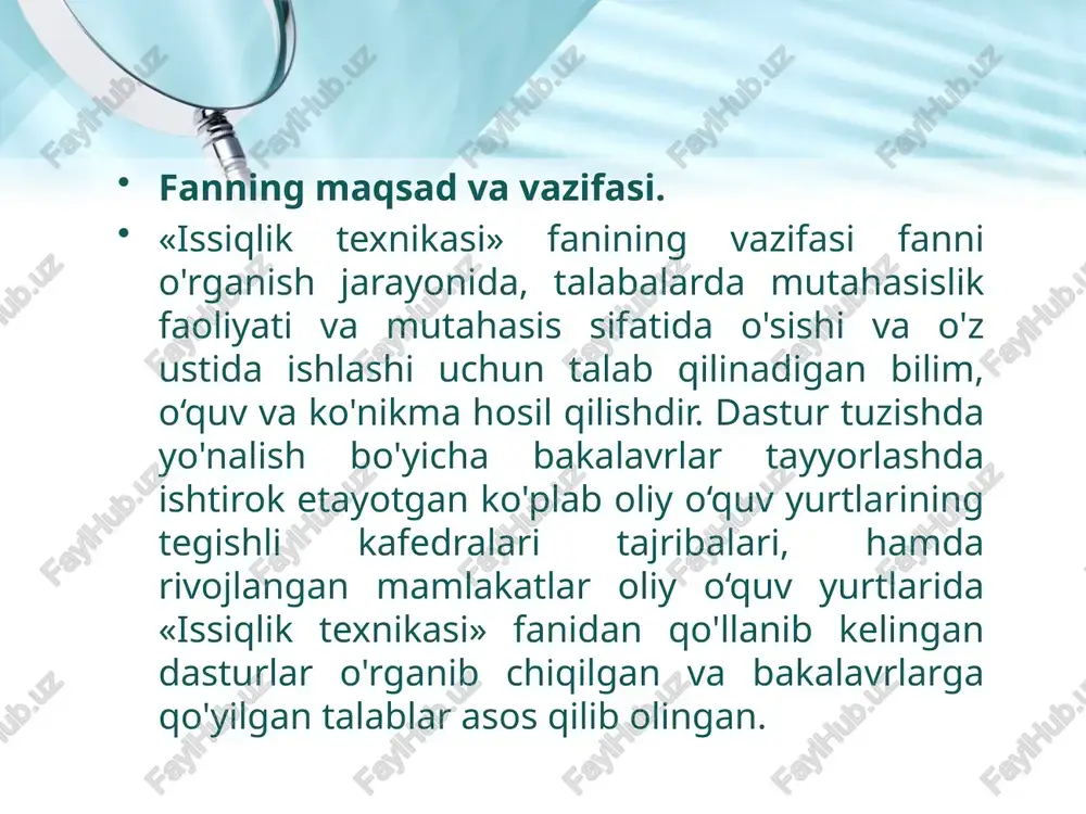 a o‘tadi. boshqacha qilib aytganda, izolyatsiyalangan har qanday tizimda shu tizim ichida energiya o‘zgarmasdan saqlanib turadi. q 1 2 3 a texnikaviy termodinamikaning vazifalaridan kelib chiqib, modda mikrostrukturasi nuqtai nazaridan moddaning ichki energiyasi nimalardan iborat degan masalani ko‘rib chiqishning zaruriyati yo‘q. hozirgi zamon fizikaviy dunyoqarashlarga ko‘ra moddaning ichki energiyasini shu modda molekulalarining (atomlar, ionlar, elektronlarning) kinetik va potentsial energiyalari yig‘indisidan iborat deb tasavvur etishimiz mumkin. ichki energiya tushunchasini fanga 1850 yili v. tomson kiritgan. ma’lumki t=0 da atom va molekulalarning issiqlik harakati to‘xtaydi, lekin atomlar ichidagi zarralarning harakati davom etadi. ichki energiyaning absolyut qiymati kimyoviy termodinamikada, kimyoviy reaktsiyalarni hisoblashda muhim rolp o‘ynaydi. termodinamikaning ko‘pchilik texnikaviy tadbiqlarida ichki energiya u ning absolyut qiymati emas, balki bu kattalikning turli termodinamikaviy jarayonlarda o‘zgarishi muhimdir. issiqlik –termodinamikaning eng muhim tushunchalaridan biridir. issiqlik tushunchasi mohiyatan ish tushunchasiga yaqin. issiqlik ham, ish ham energiya uzatish formalaridandir. shuning uchun ham jismning biror issiqlik yoki ish zahirasi bor …
