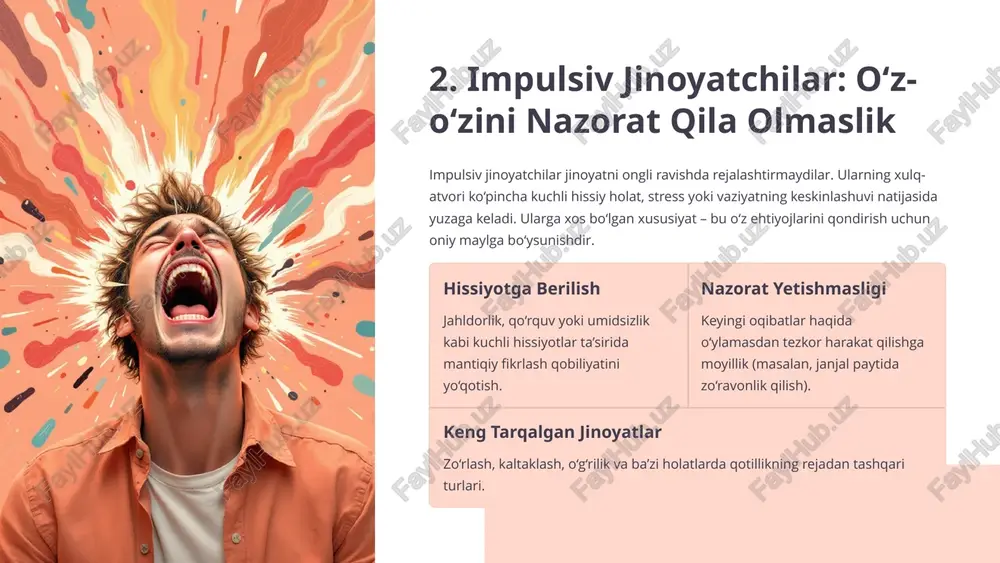 vonlik qurbonlari va jinoyatchilarning oilalariga psixologik yordam ko‘rsatish markazlari. yoshlar o‘rtasida jinoyatchilikning oldini olishga qaratilgan profilaktik dasturlar. reabilitatsiya jarayonlariga zamonaviy psixoterapevtik usullarni joriy etish. 9 xulosa: jinoyatchilar psixologiyasining ahamiyati jinoyatchilar psixologiyasini tushunish nafaqat kriminologiya uchun, balki jamiyat xavfsizligi va adolat tizimini takomillashtirish uchun ham hayotiy muhimdir. har bir jinoyatchi turiga mos yondashuvni qo‘llash orqali biz jinoyatchilikning ildiz sabablarini bartaraf etishga yaqinlashamiz. oldini olish ehtiyojlarni erta aniqlash va to‘g‘ri aralashuv. reabilitatsiya har bir turga moslashtirilgan davolash dasturlari. ijtimoiy xavfsizlik psixologik yondashuvlar orqali jamiyatni himoya qilish. chuqur tushunish jinoyat ortidagi psixologik sabablarni anglash. adolat tizimi sud jarayonlarida psixologik ekspertizani qo'llash. 10 image1.png image2.png image3.png image4.png image5.svg image6.svg image7.png image8.png image9.png image10.png image11.svg image12.svg image13.svg image14.png image15.png image16.png image17.png image18.png image19.png image20.png image21.svg image22.svg image23.svg image24.png image25.png image32.png image33.svg image34.png image35.svg image26.png image27.svg image28.png image29.svg image30.png image31.svg