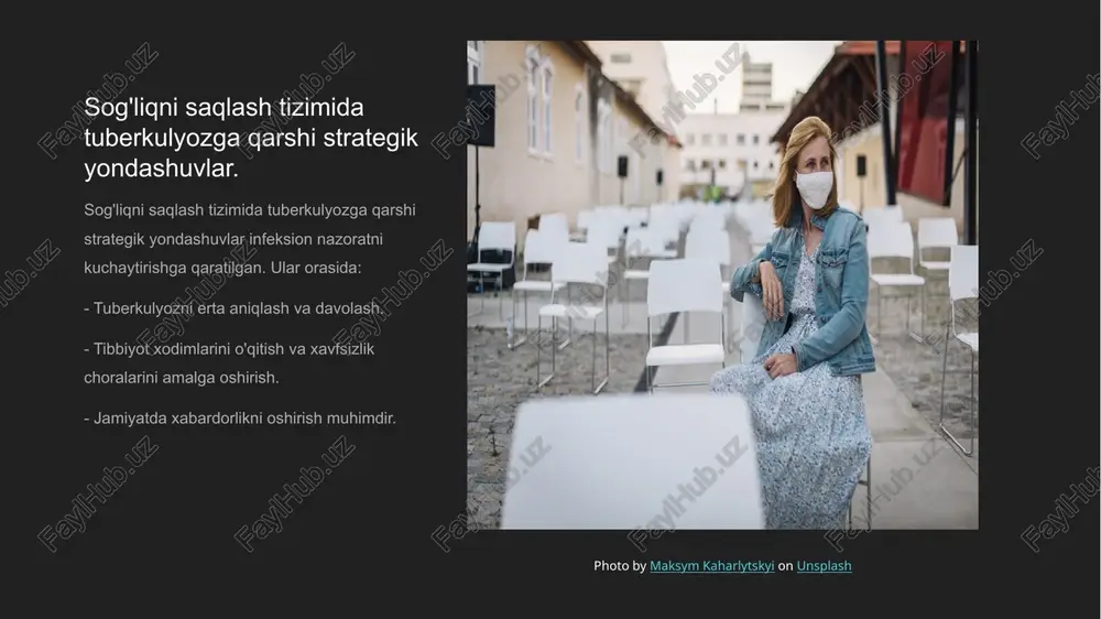 berkulyozga oid ta'lim dasturlari, kasallikning profilaktikasini va uning alomatlarini tan olishni o'rgatadi, aholini jalb qiladi. ijtimoiy tarmoqlar ijtimoiy tarmoqlar orqali tuberkulyozga qarshi kampaniyalar o'tkazish, keng auditoriyani jalb etish va kasallik haqida ma'lumot tarqatish uchun kuchli platforma hisoblanadi. xulosa tuberkulyozga qarshi kurash tuberkulyozga qarshi kurashda profilaktika usullari va strategiyalar, sog'liqni saqlash tizimida muhim o'rin tutadi. innovatsion yechimlar yordamida samarali natijalarga erishish mumkin. jamoatchilik ishtiroki sog'liqni saqlash muassasalarida tuberkulyozni oldini olishda jamoatchilik ishtiroki muhim ahamiyatga ega. ommaviy tushuntirish va ta'lim, infeksiyaning tarqalishini kamaytiradi. xalqaro tajribalar o'zbekistonda tuberkulyozni oldini olishda xalqaro tajribalar va muvaffaqiyatli strategiyalarni o'rganish, milliy dasturlarni takomillashtirishga yordam beradi. bu, sog'liqni saqlash tizimini mustahkamlaydi. e'tiboringiz uchun rahmat! image1.jpg image2.jpg image3.jpg