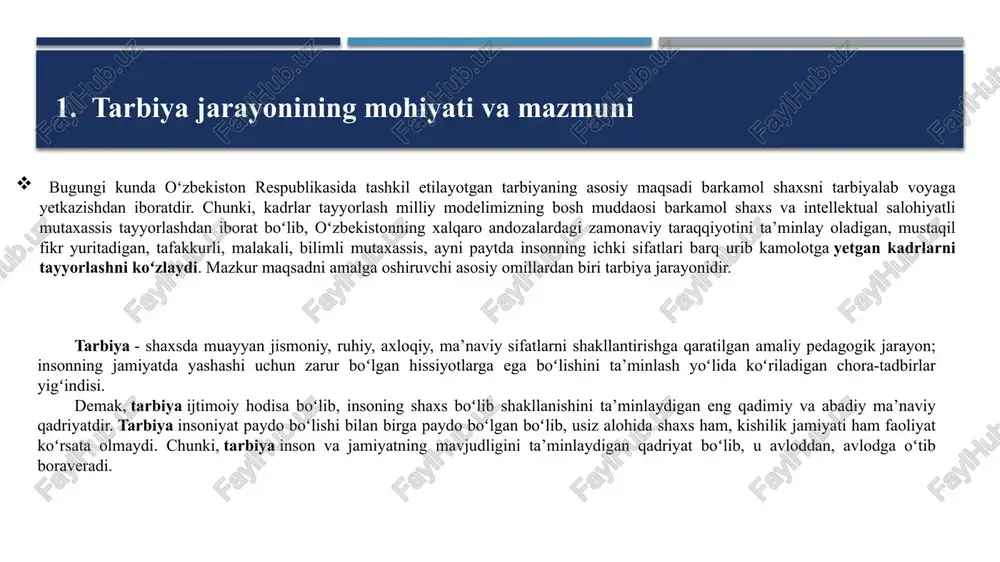 iliy-texnik jihatdan uyushtirilishi demakdir. xulosa boʻlajak oʻqituvshi tarbiyachi sifatidagi faoliyatida quyidagi jarayonlarni bilishi lozim: 1. tarbiya muayyan, aniq maqsad hamda ijtimoiy-tarixiy tajriba asosida shaxsni har tomonlama rivojlantirish, uning ongi, xulq-atvori va dunyoqarashini tarkib toptirish jarayoni boʻlib, har qanday toʻzum va zamonda ijtimoiy munosabatlar mazmunini aniqlash, ularni tashkil etish asosi boʻlib kelgan. 2. yosh avlod tarbiyasi turli makon va zamonda muayyan maqsad asosida tashkil etiladi. ijtimoiy tarbiyani yoʻlga qoʻyish jarayonida bir qator vazifalar hal etiladi. tarbiyaning maqsad va vazifalari ijtimoiy toʻzum mohiyati, taraqqiyot darajasi, ijtimoiy munosabatlar mazmuni, shuningdek, jamiyat fuqarolarining dunyoqarashi, intilishlari, orzu-niyatlari asosida belgilanadi. 3. tarbiya jarayoninig xususiyatlarini chuqur anglash va ularni inobatga olgan holda tarbiyani tashkil etish oldinga qoʻyilgan maqsadga erishish, shuningdek, belgilangan vazifalarni ijobiy hal etish imkoniyatini beradi. 4. boʻlajak mutaxassis pedagogik texnologiyaga old bilimlar bilan bir qatorda tarbiya texnologiyasiga oid bilimlarga ham ega boʻlishi shart: oʻqituvchi xatti-harakatlarming algoritmi, tarbiyalash shakllarini bilishi, har qanday tarbiyalash metodini amalga oshirish …