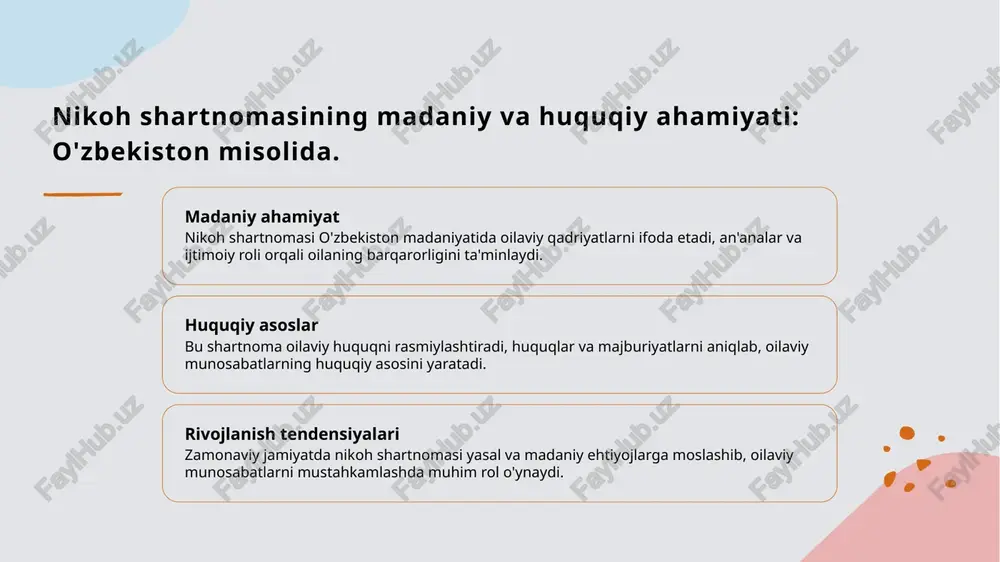 minlaydi. 2 oilaviy qadriyatlar - o’zbekiston madaniyatida oilaviy qadriyatlar, mehr-muhabbat, hurmat va mas’uliyatni rivojlantiradi, shuningdek, nikoh shartnomasida bu qadriyatlar aks etadi. 3 qadriyatlar va huquq - madaniy qadriyatlar huquqiy normalar bilan uyg’unlashib, oilaviy munosabatlarni mustahkamlash va yoshlarni an’analar asosida tarbiyalashda yordam beradi. nikoh shartnomasining madaniy va huquqiy muhimligi: zamonaviy talablarga moslashuv. 01 madaniy ahamiyat nikoh shartnomasi madaniy qadriyatlarni ifodalashda muhim rol o'ynaydi, oilaviy an'analar va ijtimoiy odatlarni huquqiy asos bilan uyg'unlashtiradi. 02 huquqiy moslashuv zamonaviy talablarga moslashish uchun, nikoh shartnomasi sharoitlarini yangilash va shaxslarning huquq va majburiyatlarini yanada aniq belgilash zarur. 03 oilaviy barqarorlik shartnoma orqali oilaviy munosabatlar va majburiyatlar mustahkamlanadi, bu esa oilaning barqarorligini ta'minlashda muhim ahamiyat kasb etadi. 04 qonunchilik va an'analar huquqiy va madaniy normalar o'rtasidagi muvofiqlik, nikoh shartnomasining huquqiy asoslarini mustahkamlashda asosiy rol o'ynaydi, zamonaviy ehtiyojlarga javob beradi. nikoh shartnomasida huquqlar va majburiyatlarning asosiy tarkibi 1 huquqlar ta’minoti nikoh shartnomasida er va ayol o’rtasidagi huquqlar aniq …