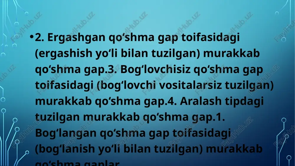 a gapga aylantirilganda, kirish so‘zlar tushib qoladi, undalma vositali to‘ldiruvchiga aylantiriladi, 1-,2-shaxslarni ko‘rsatuvchi so‘zlar 3-shaxsga aylantiriladi. dialog ikki kishining nutqi dialog deb ataladi. dialoglarda ko‘chirma gaplardan foydalaniladi, har bir gap tire bilan boshlanadi. (bunda muallif gapi ishlatilmasligi ham mumkin): - qaysi maktabda o‘qiysan? – 24-maktabda. – nechanchi sinfda? – beshinchi sinfda. mavzu:matnning taʼrifi , turlari va uni shakllantiruvchi vositalar reja: 1. matn haqida umumiy ma’lumot. 2. matnning ifoda maqsadiga va mazmuniga ko‘ra badiiy matnni turlari. 3. uslubiga ko‘ra matn turlari. matn – nutq ko‘rinishi bo‘lib, vazifasi jihatidan tugal nutqiy butunlik-dir.har bir matn murakkab tuzilish va mazmun mundarijasiga ega bo‘lib, u og’zaki hamda yozma ijod namunasi hisoblanadi. tilshunoslikda matn tilning alohida birligi (supersintaktik butunlik) va matn tilshunosligi deb atalayotgan sohaning asosiy ob'ekti sifatida talqin qilinadi. matn so‘z birikmasi va gapdan farqlanadi, chunki matnning ham o‘z kategoriyasi va qonuniyatlari mavjud. matn so‘zining lugaviy ma'nosida birikish, bog’lanish tushunchalarining borligi, shuning uchun matn tarkibi …