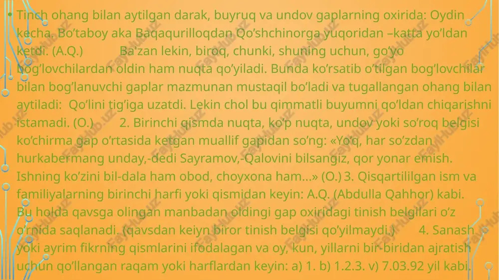 ,sizdan hech yomonlik ko’rmadim. (m.ibr.) 8. zidlovchi yoki takror oshiruv bog’lovchilar bilan bog’langan qo’shma gaplarda: yo’lchi shu vaqt qancha aqchasi bo’lsa ham berishga tayyor edi, lekin yonida bir tiyin ham yo’q edi. (o.) 9. ergash gaplarni ajratish uchun: o’g’rilar devordan tushmoqchi bo’lib, qorinlarini paxsaga qo’yib, boshlarini ekkanda, kenja botir ularning kallalarini uza berdi. (ertakdan) 10. avtor gapini ko’chirma gapdan ajratish uchun: - paxtamiz tamom bo’ldi, dedi zamira,- endi rejani bajara olmaymiz. 7. nuqta vergul. nuqtali vergul quyidagi o’rinlarda qo’llaniladi: o’z ichida vergul bo’lgan yoyiq uyushiq bo’laklar orasida: mehnat, ijod, odam sharafi, dil yorug’i, hayot quvonchi, hammasining asli manbai, sen, vatanim-tinchlik tayanchi. (s.nazar) 2. o’z ichida verguli bo’lgan, mazmunan ma'lum darajada mustaqillikga ega bo’lgan sodda gaplar orasida hamda har xil turdagi gaplarni o’z ichiga olgan qo’shma gaplarda: zunnunxo’ja siddiqjonning tarafini olgan bo’lib, kampirga qarab kovush otdi. siddiqjonga nimadir demoqchi bo’lib og’iz ochgan qizini bir tarsaki urdi, so’ngra siddiqjondan o’pkalab mayin tovush …