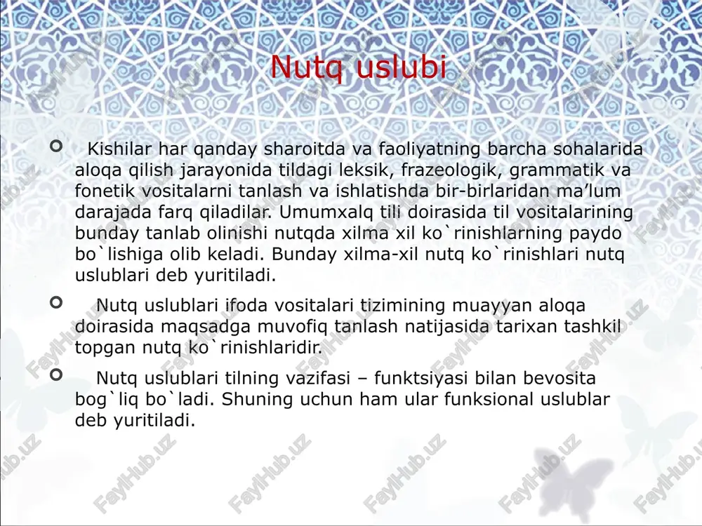 blitsistik uslubning umumiy talablariga bo`ysunadi. chunonchi, bu uslubning ikkala turida ham siyosiy faollik, hozirjavoblik, o`tkir va ta’sirchan notiqlik, mantiqiy salobat, tashviqot va targ`ibot kabi xususiyatlar mavjud bo`ladi. 14 badiiy uslub badiiy nutq uslubi inson amaliy faoliyati va hayotining hamma tomonlarini qamrab olishi: umumga taalluqligi, barcha barobarligi bilan xarakterlanadi. badiiy nutq uslubi juda xilma-xil ko`rinishlarda namoyon bo`ladi. bu uslub muallifga asarning estetik ta’sirini kuchaytirish uchun tilning barcha leksik va grammatik vositalaridan ustalik bilan foydalanish, tanlash, shuningdek, yangidan-yangi, ifoda vositalari yaratish imkonini beradi. badiiy nutq uslubida til obraz, xarakter va manzaralar yaratish vositasi bo`lib xizmat qiladi. bu uslub o`zining obrazliligi bilan adabiy boshqa funktsional uslublaridan ajralib turadi. adabiyotlar barkamol avlod orzusi. t., “sharq”, 1999. i.a.karimov. milliy istiqlol mafkurasi – xalq e’tiqodi va buyuk kelajakka ishonchdir. t., “o`zbekiston”, 2000. r.qo`ng`urov va b. nutq madaniyati va uslubiyot asoslari. t., “o`qituvchi”, 1992. a.g`ulomov, b.qobilova. nutq o`stirish mashg`ulotlari. t., “o`qituvchi”, 1995. g`.abduraxmonov, s.mamajonov. o`zbek tili va …