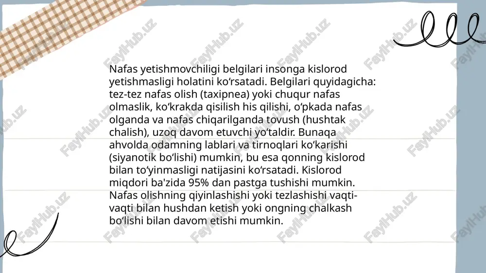 da o'pka qon tomirlari ichidagi bosimning doimiy ravishda ortishi hal qiluvchi rol o'ynaydi. bu bosim ortishi oqibatida o'ng qorincha devori qalinlashadi va kengayadi, odamda toliqish, nafas qisilishi va oyoq terisidagi shishlar kuzatilishi mumkin. dori-darmonlar va o'pka reabilitatsiyasi orqali davolash mumkin. ... t.me/slaydai_bot hipoksemiya - bu qondagi kislorod miqdorining kamayishi holati. normal holatda arterial qonda kislorod miqdori 75-100 mmhg oralig‘ida bo'lishi kerak, ammo 60 mmhg dan past bo‘lsa, hipoksemiya hisoblanadi. bu holat nafas olish kasalliklari, yurak yetishmovchiligi yoki yuqori balandlikda bo‘lish kabi omillar tufayli yuzaga kelishi mumkin. simptomlar orasida hansirash, bosh aylanishi va tez charchash kuzatilishi mumkin. davolash usullari sababga qarab farqlanadi, lekin kislorod terapiyasi odatda qo'llaniladi. uzun muddatli hipoksemiya boshqa asoratlarga, jumladan yurak va miya faoliyatining buzilishiga olib kelishi mumkin. profilaktika uchun sog‘lom turmush tarzi va muntazam tibbiy ko‘riklar muhimdir. ... t.me/slaydai_bot 10. hiperkapniya hiperkapniya karbonat angidrid (co2) miqdorining qonda ortishi bilan tavsiflanadigan holatdir. odatda, co2 miqdori arterial qonda 35-45 …