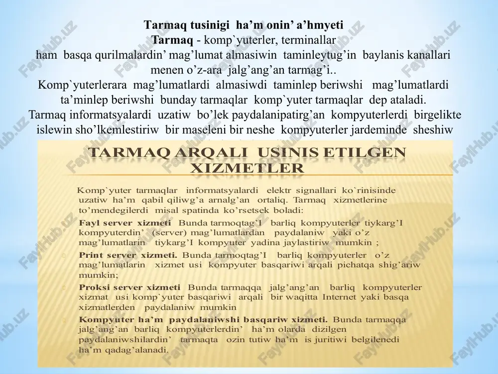 mpyuterler xizmat usikomp`yuter basqariwiarqalibirwaqittainternet yaki basqa xizmatlerden paydalaniwmumkin  kompyuter ha’mpaydalaniwshibasqariwxizmeti.bunda tarmaqqa jalg’ang’anbarliqkompyuterlerdin’ ha’molardadizilgen paydalaniwshilardin’ tarmaqtaozintutiwha’mis juritiwibelgilenedi ha’mqadag’alanadi. /docprops/thumbnail.jpeg tarmoq orqali taqdim etiladigan xizmatlar tarmaq arqali usinis etilgen xizmetler komp`yuter tarmaqlar informatsyalardi elektr signallari ko`rinisinde uzatiw ha’m qabil qiliwg’a arnalg’an ortaliq. tarmaq xizmetlerine to’mendegilerdi misal spatinda ko’rsetsek boladi: fayl server xizmeti bunda tarmoqtag’i barliq kompyuterler tiykarg’i kompyuterdin’ (server) mag’lumatlardan paydalaniw yaki o’z mag’lumatlarin tiykarg’i kompyuter yadina jaylastiriw mumkin ; print server xizmeti. bunda tarmoqtag’i barliq kompyuterler o’z mag’lumatlarin xizmet usi kompyuter basqariwi arqali pichatqa shig’ariw mumkin; proksi server xizmeti bunda tarmaqqa jalg’ang’an barliq kompyuterler xizmat usi komp`yuter basqariwi arqali bir waqitta internet yaki basqa xizmatlerden paydalaniw mumkin kompyuter ha’m paydalaniwshi basqariw xizmeti. bunda tarmaqqa jalg’ang’an barliq kompyuterlerdin’ ha’m olarda dizilgen paydalaniwshilardin’ tarmaqta ozin tutiw ha’m is juritiwi belgilenedi ha’m qadag’alanadi. lokal kompyutertarmag’i lokal tarmaq -bir karxana yaki sho’lkemlerdegi birneshejaqin imaratlardag’i kompyuterlerdio’zara jalg’agantarmaq /docprops/thumbnail.jpeg lokal komp`yuter tarmogi lokal kompyuter tarmag’i lokal …
