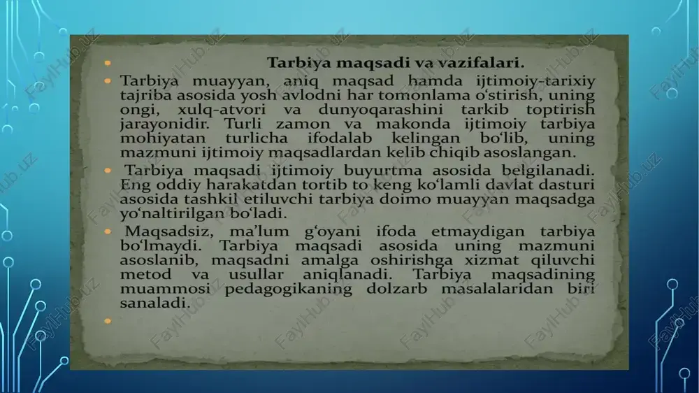 ladi. bu konuniyat tarbiya jarayonida xam mavjud bo‘lib, u birinchi tomondan ijtimoiy xodisa sifatida tarbiyaning xususiyatlari, ikkinchi tomondan shaxsning rivojlanishi bilan bogʼlik. tarbiya printsiplari deb, tarbiyaning umumiy qonuniyatlarini o’zida aks ettiruvchi, tarbiyachi tarbiyaviy ishda amal qilishi zarur bo’lgan asosiy qoidalarga aytiladi. printsip so’zi lotincha bo’lib, asos, hatti-harakatning asosiy qoidasi, yetakchi g’oya, talab ma‘nolarini anglatadi. tarbiya printsip-lari bu tarbiya jarayoniga qo’yiladigan talablar yig’indisidir. tarbiya printsiplari sharq va markaziy osiyoning faylasuflari, donishmandlar, pedagoglarning fikrlari, milliy pedagogika erishgan yutuq-larga asoslanadi. tarbiya printsiplari quyidagilar: - tarbiyaning bir maqsadga qaratilganligi; - tarbiyaning hayot bilan bog’liqligi; - shaxsni jamoada va jamoa orqali tarbiyalash printsipi; - tarbiyada bola shaxsini hurmat qilish va unga talabchanlik prin-tsipi; - tarbiyada o`quvchilarningyoshi va o’ziga xos xususiyatlarini hisobga olish printsipi; - tarbiyaviy ishlarning izchilligi, tizimliligi, hamda birligi printsipi. tarbiya g’oyat murakkab jarayon bo’lib, har davrning ijtimoiy-siyosiy, madaniy hayotini o’zida aks ettiradi. uning vosita omillari asrlar davomida shakllanib, takomillashadi. tarbiyada har bir xalqning …