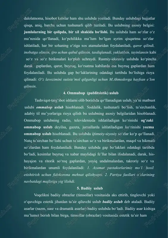 o‘l hosil etishtirish uchun fidokorona mehnat qilishyapti. 2. partiya faollari o‘zlarining navbatdagi majlisiga yig‘ilishdi. badiiy uslub voqelikni badiiy obrazlar (timsollar) vositasida aks ettirib, tinglovchi yoki o‘quvchiga estetik jihatdan ta’sir qiluvchi uslub badiiy uslub deb ataladi. badiiy asarlar (nazm, nasr va dramatik asarlar) badiiy uslubda bo‘ladi. badiiy asar kishiga ma’lumot berish bilan birga, timsollar (obrazlar) vositasida estetik ta’sir ham ko‘rsatadi: o‘lkamizda fasllar kelinchagi bo‘lmish bahor o‘z sepini yoymoqda. badiiy uslubda qahramonlar nutqida oddiy nutq so‘zlari, sheva, vulgarizmlardan ham foydalaniladi. badiiy uslub aralash uslub hisoblanadi, chunki bu uslubda so‘zlashuv va kitobiy uslublarga xos o‘rinlar ham uchraydi. 3-§. nutq madaniyati haqida nutq to‘g‘ ri, aniq va yoqimli bo‘lishi lozim. to‘g‘ ri, aniq va yoqimli gapirish uchun mantiqiy izchillikka va adabiy me’yorlarga rioya qilish kerak. nutq madaniyati deganda mantiqiy izchillikka, adabiy til me’yorlariga rioya qilgan holda to‘g‘ ri, aniq va yoqimli so‘zlash tushuniladi. uslubiyat turlari 1-§. yozma va og‘zaki nutq me’yorlari haqida lug‘aviy, grammatik, …