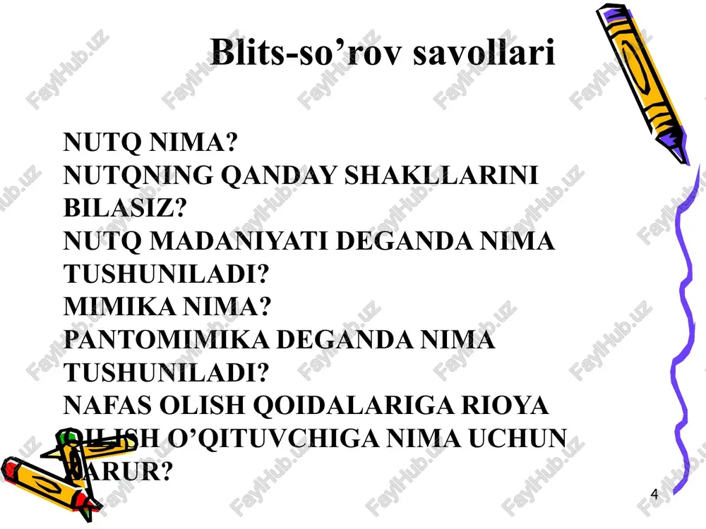 fas bo‘lib, unda o‘pkaning faqat yuqori qismi ishtirok etadi. ko‘krak nafas - qovurg`alar o‘rtasidagi mushaklar yordamida hosil bo‘ladi. bunda ko‘proq nafasning ko‘ndalang hajmi o‘zgaradi. diafragma ishtirokidagi nafas - ko‘krak nafasning bo‘ylama hajmini oshishi hisobiga vujudga keladi. diafragma - qovurg`ali nafas, diafragmaning qisqarishi qovurg`alar oralig`idagi nafas mushaklari ishtirokida vujudga keladi. tovush – chiqarilayotgan havo hiqqildoqdan o‘tishi paytida ovoz pardalarining tebranishi natijasida vujudga keladi. tovush o‘zining qo‘yidagi xususiyatlari bilan xarakterlanadi: tovush kuchi - tovush apparati organlarining faol ishlashiga bog`liq. chiqarilayotgan havo oqimining tovush tarqalishiga bo‘lgan bosimi qancha katta bo‘lsa, tovush ham shuncha kuchli bo‘ladi. 15 ovoz – tomoqdan (o‘pkadan) kelayotgan havoning ovoz paylari orqali o‘tishida hosil bo‘ladi va og`iz bo‘shlig`i yordamida kuchayadi. ovoz maxsus mashq qilinib turilmasa, ba’zan yo‘qolib ketadi. 16 ovoz apparati uch qismdan iborat: 1. generator – ovoz generatsiyasi ovoz paylarida hosil bo‘ladi, bunda og`iz bo‘shlig`ining roli kam. ovoz paylari shovqin va tonlarni farqlaydi. 2. rezonator tizimi – bunda tomoq, …