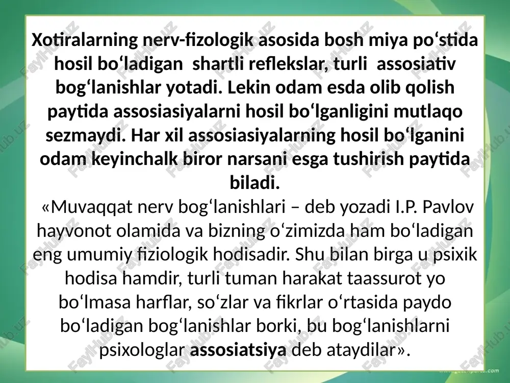 individual farqlari kishi faoliyatining xususiyatiga bog‘liqdir. esda olib qolish va unutish tezligiga ko‘ra xotiraning quyidagi tiplari mavjud: 1) tez esda qoldirib sekin unitish; 2) tez esda qoldirib tez unitish; 3) sekin esda qoldirib sekin unitish; 4) sekin esda qoldirib tez unitish nazorat uchun savollar 1. xotira va uning turlari haqida tushuncha bering 2. xotiraning nerv fiziologik asoslarini nima tashkil etadi? 3. xotira qonuniyatlarini sanab bering adabiyotlar ro‘yxati 1. g‘oziev e.g. ontogenez psixologiyasi. toshkent, 2010 2. ivanov i.f., zufarova m.a. umumiy psixologiya. toshkent, 2018. 3. david g. myers psychology, usa , 2010. 4. 6. a.shamshetova, r.n.melibaeva, x.usmanova, i.haydarov. umumiy psixologiya. toshkent, 2018 5. g‘oziev e.g. umumiy psixologiya. toshkent. 2010 e’tiboringiz uchun rahmat image1.jpeg image2.png image3.jpeg image4.jpeg image5.jpeg image6.jpeg image7.jpeg image8.jpeg image9.jpeg image10.jpeg image11.jpeg image12.jpeg /docprops/thumbnail.jpeg