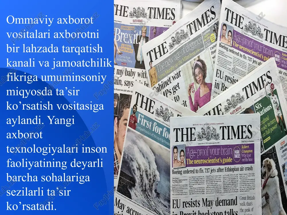 nalidagi dunyo yangiliklarining deyarli 99% chet el agentliklari va teleradiokompaniyalarning dasturlaridan noqonuniy tarzda ko’chirib olingan axborotlaridan iboratdir. buning ustiga, o’zbek oavning ta’sir doirasi cheklangan o’zbekiston vazirlar mahkamasining aloqa va axborot kommunikatsiya texnologiyalari masalalari bo’yicha 2003-yilning 10 aprelida bo’lib o’tgan yig’ilishi natijalariga ko’ra, 2003-yilning boshiga kelib internetdagi uz. milliy hududida qayd qilingan saytlar soni 12,5 foizga o‘sib, 650 taga etgan. internetdan tez-tez foydalanuvchilar soni 50 ming kishi atrofida bo‘lib, ulardan 10 ming kishigina jahon axborot tarmog’idan muttasil foydalanishadi xulosa axborot asri sifatida talqin etilayotgan yangi yuz yillikda axborot-kommunikatsiya texnologiyalari, xususan internetning shiddat bilan rivojlanib borayotganligi insoniyat taraqqiyotiga yangicha ko‘rinish va mohiyat ato qildi. davlat va jamiyat rivojlanishining mazkur yangicha shakli “elektron” borliq ko‘rinishida xarakterlanib, uning kelajagini aloqa tarmoqlari orqali butun dunyoni yagona axborot makoniga aylantirayotgan millionlab “baytlar va bitlar” hal qilmoqda. internet davlat va xalqlar o‘rtasidagi axborot almashishni misli ko‘rilmagan darajada tezlashtirdi, dunyoni insoniyat uchun tom ma’nodagi “yagona global makonga aylantirdi” …
