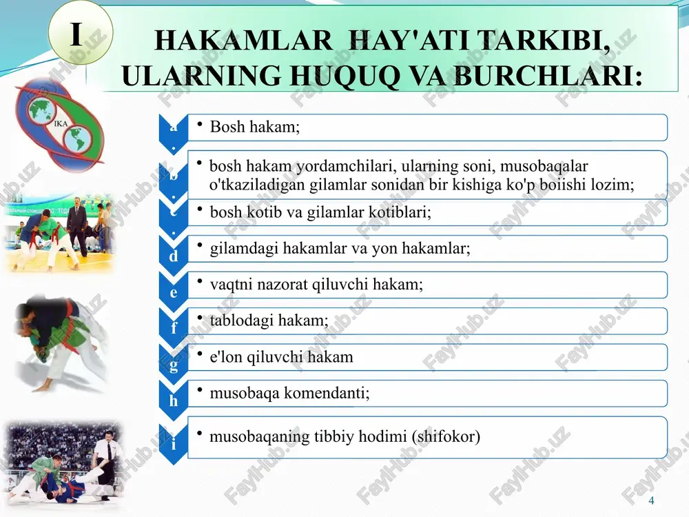 i berib, «kurash» buyrug’ bilan qaytadan olishuvni boshlash kerak. 5. olishuv davomida qoida buzganlik uchun beriladigan ogohlantirishlarni e’lon qilish uchun o'rtadagi hakam bellashuvni «to’xta» buyrug’i bilan to'xtatib, 8-10 sekund vaqt ichida tegishl ogohlantirishni berib (bu vaqt ichida kuraslichilar kiyimlarini tartibga solib o'z joylarida turishlari lozim), «kurash» buyrug’ bilan qaytadan olishuvni boshlash kerak, 6. vaqtni kuzatib boruvchi hakamning bildirishi bilan o'rtadagi hakam belgilangan olishuv vaqti tugaganligini «vaqt» iborasini aytib, ishorasini qo'l bilan ko’rsatib, olishuvni to'xtatishi kerak. obrazets teksta vtoroy uroven tretiy uroven chetvertiy uroven pyatiy uroven 11 yon tomondagi hakamlar 12 1. yon tomondagi hakamlar o'rtadagi hakamga yordam beradilar, kurashchilarning hamma harakatlarini baholab boradilar. 2. kurashchilar harakatini baholashda gilamdagi uchta hakamdan ko'pchilik fikri bilan ish yuritiladi. agar fikrlar har xil bo'lsa, bir fikrga kelishish uchun maslaxatlashib olishlari kerak. 3. yon tomondagi hakamlar bir-biriga qarama-qarshi tomonlardagi kursilarda o'tirishadi, olishuv davomida zarurat tug'ilib qolsa, yon tomondagi hakam olishuvni tik turib kuzatishi ham mumkin. …