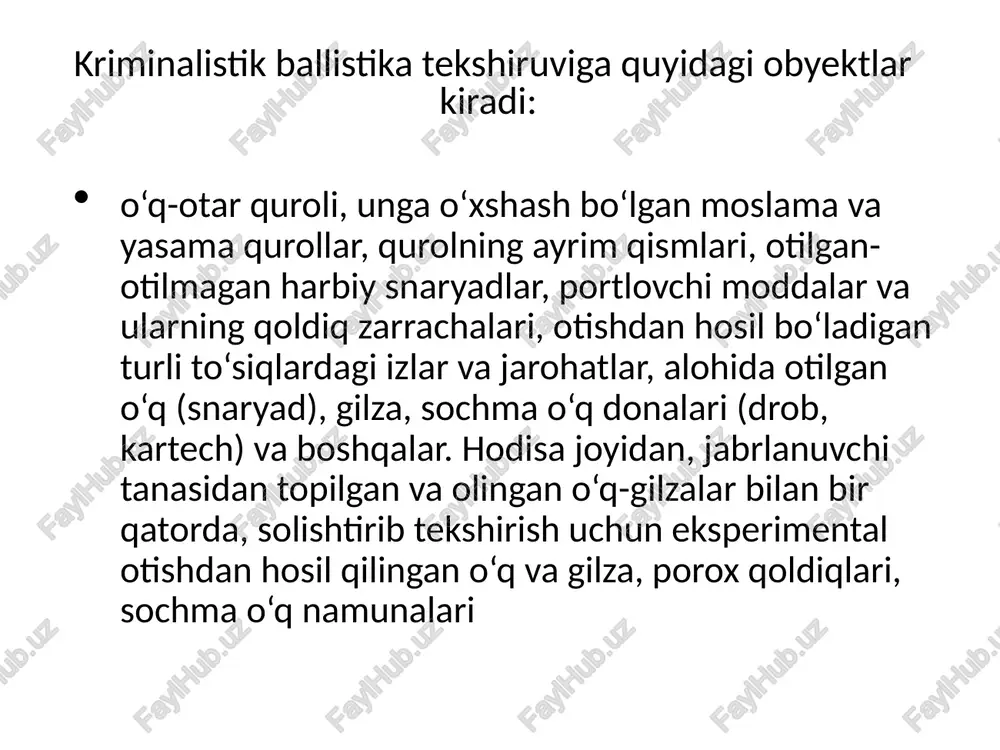 alar shtukerlar). qo‘llaniladigan snaryadlar; o‘qli, sochma, o‘qli-sochma. o‘qlash soniga ko‘ra - bir zaradli( bir stvolli ov miltiqlari, ba’zi kichik kolibrli sport vintovka pistoletlari va ko‘rgazmali) revalverlar, magazinli vintovka va pistoletlar, karabinlar, avtomatlar, ikki, uch va to‘rtstvolli miltiqlar; ishlatiladigan patronlariga ko‘ra - yon aylana va markaziy jang quroli. asosiy mexanizmlarning harakati prinsiplariga ko‘ra, o‘qlashning asosiy mexanizmida 1-avtomatik, yarimavtomatik va avtomatik bo‘lmagan; kolibrga ko‘ra (stvoli diametri, stvolning maydonlari bo‘yicha o‘lchanadigan va og‘iz qismi) - kichik kalbrli qurol (5,6mi), o‘rta kalibrli (7,62, 7,69 va 9mm) va katta kalbrli (12, 16, 24 va 32 kalbrli). kriminalistik ballistikaning vazifalari o‘q otish qurollarini ishlatish bilan bog‘liq jinoyatni tergov qilishni voqea sodir bo‘yalgan joyni ko‘zdan kechirish va kriminalistik ekspertizalar o‘tkazish bilan amalga oshirishda bir necha xil masalalarni yechiladi va ularni bir necha guruhga bo‘lish mumkin. birinchi guruhni jinoyat hodisasining shart-sharoitlarini aniqlash bilan bog‘liq masalar tashkil qiladi: o‘q otish masofasi, o‘qning troyektoriyasi, o‘q otgan shaxsning turgan joyi, o‘q …