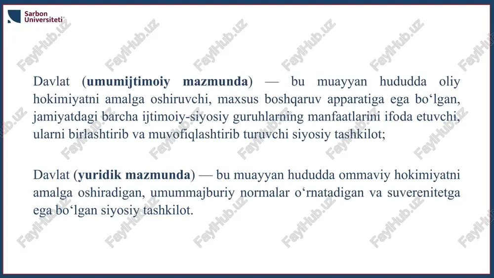 quqiy tartibga solish orqali jamiyatda qonuniylik, huquqiy tartibot va ijtimoiy adolat o‘rnatadi. huquq davlat va davlat hokimiyati faoliyatini aniq huquqiy tartibga bo‘ysundiradi. soliq tizimiga egaligi. faqat davlatgina aholidan rasmiy tartibda soliq yig‘ish huquqiga ega. davlat hududida yashayotgan barcha shaxslar davlat xazinasiga, ya'ni byudjetiga majburiy tartibda qonunchilikda belgilangan soliqlarni to‘lab borishlari shart. soliqlardan tashqari davlat foydasiga boshqa yig‘imlar va davlat bojlari ham undiriladi. ular yordamida davlatning faoliyat yuritishi uchun zarur bo‘lgan moddiy-moliyaviy baza shakllantiriladi. ushbu moddiy baza asosida davlat organlari faoliyati moliyalashtiriladi hamda iqtisodiyot, tabiatni muhofaza qilish, ta'lim, sog‘liqni saqlash va boshqa ijtimoiy sohalar yuzasidan davlat dasturlarining amalga oshirilishi ta'minlanadi. suverenitetga egaligi. davlat suvereniteti bu – davlatning siyosiyhuquqiy xususiyati, belgisi bo‘lib, u davlat hokimiyatining oliyligi va mustaqilligida ifodalanadi. davlat hokimiyatining oliyligi quyidagilarda ko‘rinadi: davlat hokimiyatining umumiyligi, ya'ni uning hokimiy kuchi, ta'siri butun mamlakat hududiga, barcha aholiga, hamma tashkilot va muassasalarga, barcha siyosiy partiyalar va jamoat tashkilotlariga tarqalishida ifodalanadi; davlat hokimiyatining o‘ziga …