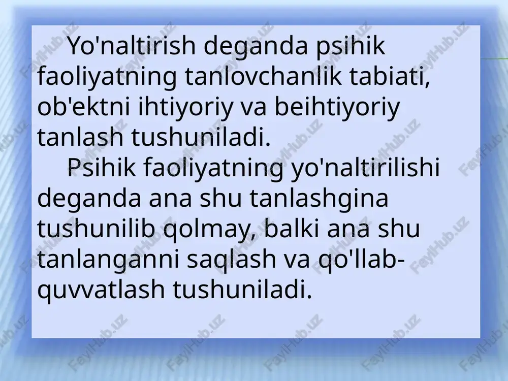 m namoyon bo'ladi, ob'ekt yo‘q bo'lsa, demak diqqat ham bo'lmaydi, deb ta'kidlaydi. p.ya.galperin esa ob'ektning paydo bo'lishi bilan diqqat yuzaga keladi. ob'ekt yo‘qolgandan keyin esa psihik qism bo'lgan tekshirish, nazorat qilish jarayoni boshlanadi. demak, diqqat ongning bir ob'ektga yo'naltirilishi va ongli holatni nazorat qiluvchi jarayondan iboratdir. n.f.dobrinin diqqatni kishi psihik faoliyatini biron-bir ob'ektga yo'naltirish va to'plash bilan boshqa ob'ektlardan chalg`ish orqali tushuntiradi. e.b.pirogova o‘quvchilarda eshitish va ko'rish diqqatini o'rganib, eshitish diqqatining ko'lami ko'rish diqqatidan bir necha bor kichikligini ta'kidlab o'tadi. diqqatning psihologik tahlilini k.d.ushinskiy tarbiya muammosi bilan bog`lab, diqqatni boshqara bilishni aqliy rivojlanish va amaliy faoliyat uchun asosiy omil deb hisoblaydi. diqqatning maqsadga muvofiq boshqarish yoki idrok qilish paytida asosiy ishdan tashqaridagilarga chalg`imaslik tushuniladi. tarbiyachining vazifasi bolalarning faol diqqatini to‘g`ri yo'nalishda ko'rish va ularning diqqatini o'zlari boshqarishga o'rgatishdan iboratdir. psiholog n.v.kuzminaning fikricha, o‘qituvchilarning dars davomida berilayotgan bilimini qanchalik o'zlashtirishi unda asosiy va etakchi rolni diqqat o'ynaydi. shuning uchun ham ta'lim …