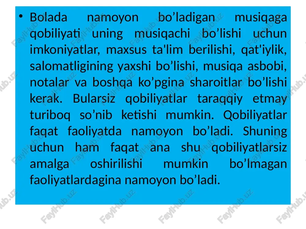 aysi sohasida (pedagog, sport, savdo va boshqalar) yengillik bilan "o’zini topa oladi" va qanday qilib katta yutuq va natijalarga erisha oladi degan savolga javob berish imkoniyatini beradi. qobiliyatlarni miqdor tavsifi va ularni o’lchash muammosi bilan ko’proq chet el psixologlari (kettell, termen, spirmen) va boshqalar shug’ullanganlar. /docprops/thumbnail.jpeg