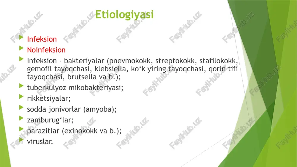 stal – b, paramediastinal – v, diafragma usti – g, bo‘laklararo – d. bunda tana holati o‘zgarganda soyalar shakli o‘zgarmaydi. plevra bo’shlig’iga yiringli suyuqlik to‘planishi yiring qovurg‘alar orasidan yorib chiqqanda ko‘krak qafasi mushaklari yuza qavatlarida yoki teri osti kletchatkasida yig‘ilishi (empyema necessitasis) yoki teridan tashqariga teshilib plevrotorakal (plevroteri) oqmani hosil qilishi mumkin. ba’zida ketma-ket 2 ta oqma hosil bo‘ladi: plevrobronxial va plevrotorakal. qiyosiy tashxislash. qiyosiy tashxislashning ahamiyati plevral suyuqlikda u yoki bu moddaning absolyut miqdorini aniqlash va o‘sha suyuqlik hamda qon zardobida tekshirilayotgan komponent miqdori nisbatini bilish bilan bog‘liqdir. plevral suyuqlikning tashqi ko‘rinishi - tashxislash uchun ma’lum bir ahamiyatga ega. masalan, gemorragik ekssudat o‘pka arteriyasi tromboemboliyasi, jarohatlar, o‘smalarda, jigarrang bo‘lsa – amyobiazda, sut rang - xilotoraksda kuzatiladi. yopishqoqligining ortishi mezoteliomaga, chirigan hid kelishi empiemaga xos bo‘ladi. hujayraviy tarkibning tahlili yallig‘lanishning davri va xususiyatini ko‘rsatadi. ekssudatda neytrofilyoz bo‘lishi yallig‘lanishning o‘tkir davri yoki superinfeksiyadan dalolat beradi. limfotsitoz surunkali yallig‘lanishga xos bo‘ladi. eozinofiliyaning …