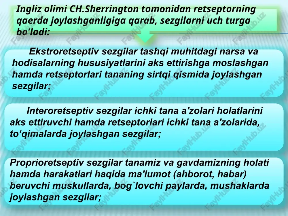 a'm bilish so'rg`ichlari til yuzasida bir tekis taqsimlanmaganligi uchun uning orqa qismi achchiqni, uchi shirin mazani, chetlari esa nordon mazani sezadi. teri sezgilari tarkibi tuyish va harorat turlaridan iborat bo'lib, ularning bunday nomlanishining bosh omili bu retseptorlarning tarkibi va organizmning tashqi shilliq pardalarida joylashganligidadir. tuyish sezgilari ikki xil axborotni qabul qilish imkoniyatiga ega: birinchisi tegish va tarqalishini tuyish sezgilari; ikkinchisi esa silliq yoki g`adir – budurni tuyish bilan tavsiflanadi.. psihologiyada tuyish tanachalari va sezuvchi nervning chekka tarmoqlari zichligi ekstiziometr asbobi yordami bilan o'lchanadi. asbob keriladigan ikki oyoqli sirkuldan tashkil topgan, bo'lib, uning o'zagidagi darajalar oyoqlarning uchlari o'rtasidagi masofani o'lchaydi. tuyish sezgilarining markazi bosh miya po'stining orqadagi markaziy nuqtasida joylashgan deb tahmin qilinadi. tuyish sezgilarining tashqi, ya'ni fizik sababi bu biron- bir narsalarning teriga bevosita tegishidir. muskul-harakat sezgilari motor sezgilar deb nomlanib, ularga og`irlikni, qarshilikni, organlar harakatini bilish sezgilari kiradi. ularning organlari–gavda muskullari, paylar, bo‘g`imlardan iboratdir. organlarning tarkibida sezuvchi nervlarning chekka …