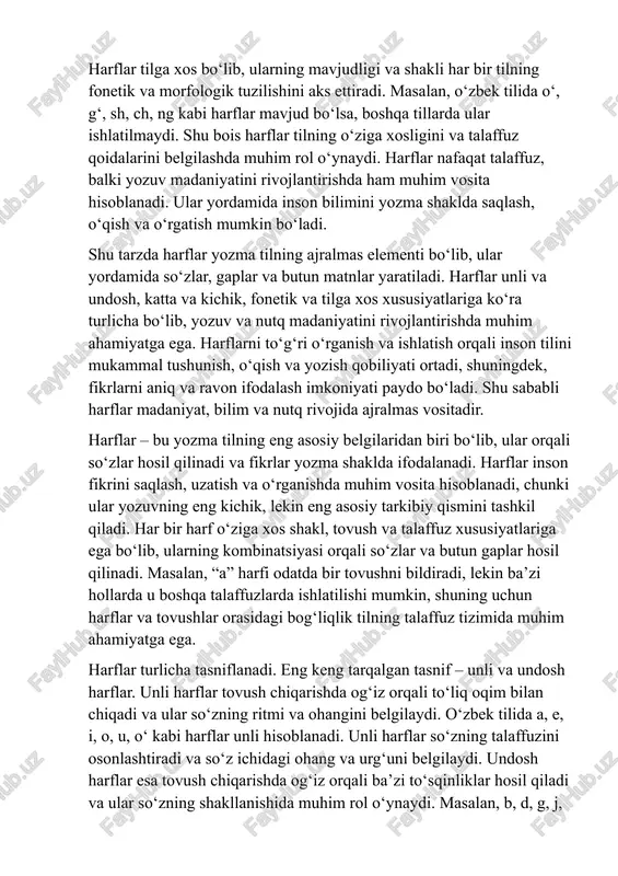 ning talaffuz tizimida muhim ahamiyatga ega. harflar turlicha tasniflanadi. eng keng tarqalgan tasnif – unli va undosh harflar. unli harflar tovush chiqarishda og‘iz orqali to‘liq oqim bilan chiqadi va ular so‘zning ritmi va ohangini belgilaydi. o‘zbek tilida a, e, i, o, u, o‘ kabi harflar unli hisoblanadi. unli harflar so‘zning talaffuzini osonlashtiradi va so‘z ichidagi ohang va urg‘uni belgilaydi. undosh harflar esa tovush chiqarishda og‘iz orqali ba’zi to‘sqinliklar hosil qiladi va ular so‘zning shakllanishida muhim rol o‘ynaydi. masalan, b, d, g, j, k, l, m, n, p, q, r, s, t, v, x, y, z harflari undoshlar hisoblanadi. undoshlar unli harflar bilan birlashib, so‘zlarni hosil qiladi va nutqning ritmini yaratadi. harflar yozuv shakliga ko‘ra ham turlarga bo‘linadi. katta harflar odatda so‘zning boshida, maxsus nomlarda va matnning e’tiborli joylarida ishlatiladi. masalan, “o‘zbekiston”, “senat”, “shakespeare” kabi so‘zlar katta harf bilan boshlanadi. katta harflar yozuvga tartib beradi, nomlarni ajratadi va matnga rasmiy yoki …