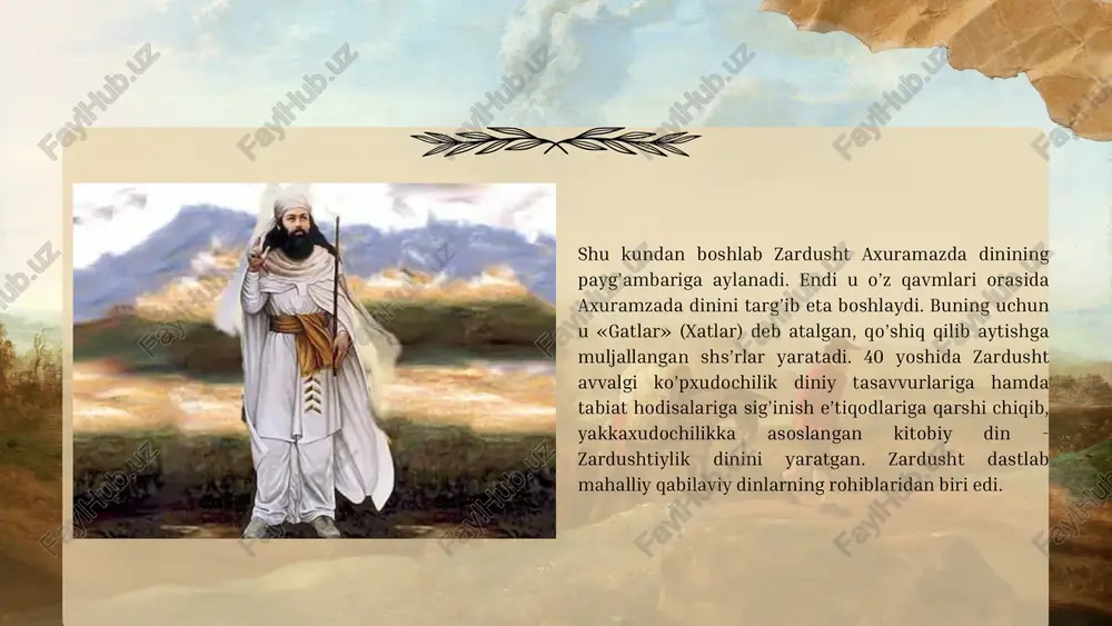 ar xotirasi ham muhim o‘rin tutadi.farvardigan marosimi yilning so‘nggi o‘n kunida nishonlanadi.marosim tartibi:marhumlarning ruhlari (faravahar) bu davrda zaminni ziyorat qiladi, deb ishoniladi.ruhoniylar marhumlar ruhiga bag‘ishlab duolar o‘qiydi.zardushtiylar marhumlarni maxsus joy — daxma (osmon ostidagi tosh imorat)gaqo‘yadilar, chunki ularning jasadini yer yoki suv bilan aloqa qildirish mumkin emas.ma’nosi: bu marosim orqali tiriklar va marhumlar o‘rtasidagi bog‘liqlikmustahkamlanadi 5. gahambar bayramlari gahambar — zardushtiylarning yilda olti marta o‘tkaziladiganmuhim diniy bayramlari. har bir gahambar tabiat va uning unsurlariga bag‘ishlanadi:maidhyoizarem — bahorning boshlanishi (o‘simliklar uyg‘onishi).maidhyoshema — yoz faslining boshlanishi.paitishahem — hosil yig‘im-terimi.ayathrem — kuz fasli.maidhyairya — qishning boshlanishi.hamaspathmaedaya — yangi yil (navro‘z arafasi).ahamiyati: ushbu bayramlar tabiat bilan uyg‘un hayot kechirish va insoniyatningyaxshilikka intilishini ifodalaydi zardushtiylik dini marosimlari inson hayotining turli jabhalarini qamrab oladi. ularda tabiat, poklik, yaxshilik va yomonlik o‘rtasidagi kurash asosiy tushunchalar hisoblanadi. har birmarosimning o‘ziga xos falsafasi va amaliyoti bor.ushbu diniy amaliyotlar orqali zardushtiylar olov (yaxshilik), suv (hayot), tuproq(baraka) va havo (erkinlik) kabi …