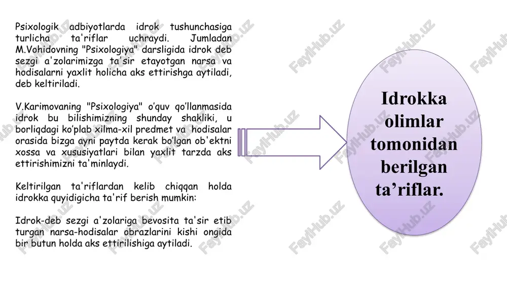 onidagi emosional holatiga, ya'ni uning kayfiyati, ruhlanishi, shijoati, stress, affekt ko’rinishidagi his-tuyg’ularida, ularning sur'ati, davomiyligi tizimida o’z ifodasini topadi. idrokda ob’ekt va fon odam ko’p sonli qo’zg’ovchilardan faqat ayrimlarini aniq holda aks ettira oladi. shu anglab olingan narsa hodisalar fon sanaladi. idrok qilinadigan narsani o’rab turgan boshqa narsa, jism yoki hodisalarga nisbatan ob’ekt hisoblanib, ob’ektning atrofidagilari esa fon deyiladi.. muayyan sharoitda shaxs tomonidan idrok qilinadigan narsa yoki jism idrokning ob’ekti deb ataladi. boshqa o’quvchilar faoliyati idrok foni bo’lib qoladi. idrok foniga kirgan o’quvchi javob berish uchun chaqirilib qolsa, idrok ob’ektiga aylanadi va aksincha demak idrok ob’ekti va foni dinamik tabiatga ega bo’lib, doimo o’zgarib turadi. idrokning konstantligi deganda biz idrok qilishdan ongimizda hosil bo’lgan obrazning real voqelikdagi bizga ta'sir etib turgan narsaning tabiiy holatiga har jihatdan mos bo’lishini tushunamiz. ma'lumki, narsalarning hajmi (katta yoki kichikligi) shu narsalarni qanday masofadan (uzokdan yoki yaqindan) idrok qilayotganimizga qarab o’zgarib turadi. lekin shunday bo’lsa …