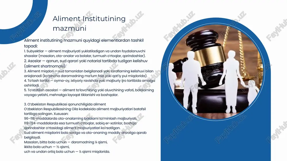 n foizda yoki belgilangan pul miqdorida hisoblab chiqadi, bunda bolaning manfaatlari ustuvor ahamiyatga ega bo‘ladi. sud tarkibida aliment miqdorini belgilash mexanizmlari oʻzbekistonda aliment toʻlash quyidagi shakllarda amalga oshiriladi: 1. pul shaklida — eng keng tarqalgan va qonun bilan tartibga solingan usul; 2. natural (moddiy yordam) shaklida — taraflar kelishuvi asosida; 3. bir martalik toʻlov yoki mulk berish orqali — notarial tasdiqlangan kelishuv asosida. bu shakllarning barchasida asosiy maqsad — bola yoki yordamga muhtoj shaxsning manfaatlarini toʻliq taʼminlashdir. aliment toʻlash shakllari: pul ko'rinishida, natural shaklda yoki bir martalik to'lov shaklida sud ijrochilari tomonidan aliment undirish tartibi — bu aliment toʻlovlarini majburiy ijro shaklida taʼminlovchi qonuniy mexanizmdir. u quyidagi bosqichlarni oʻz ichiga oladi: 1. sud qarorining ijroga qabul qilinishi; 2. aliment toʻlovchining daromad manbalarini aniqlash; 3. ish joyidan ushlab qolish yoki mulkni xatlash; 4. toʻlovlarni doimiy nazorat qilish; 5. qonunni buzgan shaxslarga nisbatan majburiy choralar qoʻllash. ushbu tizimning asosiy maqsadi — bolalar …