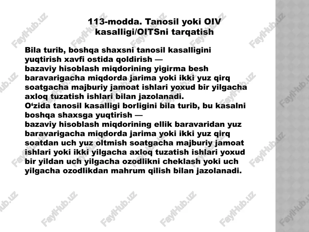 axloq tuzatish ishlari bilan jazolanadi. nadi. o‘sha qilmish odam o‘lishiga sabab bo‘lsa, — ikki yilgacha axloq tuzatish ishlari yoki bir yildan uch yilgacha ozodlikni cheklash yoki uch yilgacha ozodlikdan mahrum qilish bilan jazolanadi. o‘sha qilmishlar: a) odamlar o‘limiga; b) boshqacha og‘ir oqibatlarga sabab bo‘lsa, — uch yildan besh yilgacha ozodlikni cheklash yoxud uch yildan besh yilgacha ozodlikdan mahrum qilish bilan jazolanadi. foydalanilgan adabiyotlar: http://www.lex.uz e'tiboringiz uchun raxmat image1.jpeg image2.jpeg image3.jpeg image4.jpeg image5.jpeg image6.jpeg image7.jpeg image8.jpeg /docprops/thumbnail.jpeg