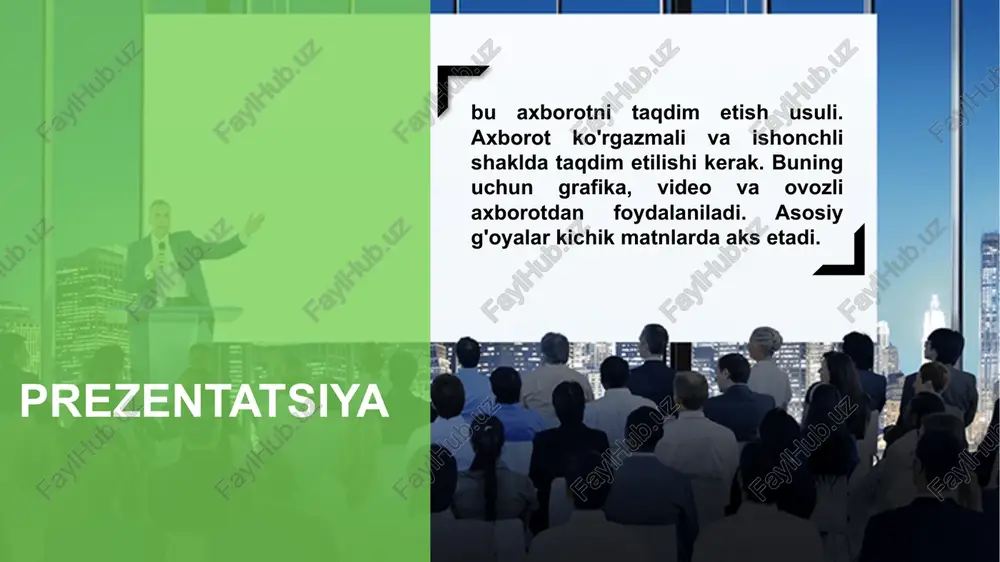 asi qanday? tadbir turi konferensiya, ma’ruza, targ'ibot va b. atmosfera tadbir qanday sharoitda o'tadi (rasmiy, tantanali yoki erkin) ? tinglovchilar tadbirda ixtiyoriy ishtirok etishyaptimi yoki majburiy? sizning chiqishingiz asosiy dokladchimisiz yoki boshqalar bilan teng qatorda chiqish qilasizmi? sizning chiqishingizga qancha vaqt ajratilgan? boshqalarning chiqishi dasturga ko'ra boshqa notiqlar nima haqida gapirishadi? sizdan oldin qancha odam chiqish qiladi? ishtirokchilar orasida sizning fikringizga qarshi fikr bildiruvchilar bormi? tadbir dasturi tadbir dasturi bilan tanishdingizmi? kimdan oldin va kimdan keyin chiqish qilasiz? texnik vositalar texnik vositalar bilan ta'minlanganmi? /docprops/thumbnail.jpeg