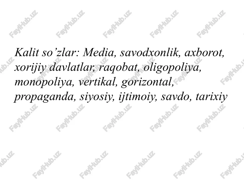 ida talqin qilish mumkin yoshlar noto’g’ri talqin etilgan axborotga nega ishonuvchan bo’lishadi? dunyo aslida sodda tizim ekanligiga ishonish qiyin sirli holatlar e’tiborni tortishi qiziqarli o’yin kabi, o'z dunyosini yaratish imkoniyatini beradi . noto'g'ri talqin qanday yaratiladi? noto’g’ri talqin qanday yaratiladi? talqin yaratilishi sanksiya,nazorat ostidagi oav,ekspertlar talqin tarqalishi voqea, mif talqinga ishontirish sariq» oav, ijtimoiy tarmoqlar, messendjerlar, yirik va o'rta inflyuenserlar inflyuenseri talqinni mustahkamlash messedjlarning tizimli takrorlanishi, sodda format, aholi orasida keng tarqatish 1 2 3 4 alohida shaxslar, shaxslar guruhini, butun boshli davlatlarni, hodisalarni, ilmiy kashfiyotlarni, tarixiy faktlarni diskreditatsiya etish (masalan irqiy yoki diniy kelib chiqishiga qarab) vahima, qo’rquv, xaosni ommalashtirish hukumat institutlariga nisbatan ishonchni kamaytirish tarqatish jamiyatda alohida shaxslar, yoki guruhlar (masalan siyosiy partiya), davlat qarashlarini, zarur tarixiy faktlar, ijtimoiy hodisalar, mahsulotga nisbatan tasavvurni shakllantirish. “notog’ri “ talqinlar nima maqsadda yaratiladi? manipulyatsiya / falsifikatsiya / yolg’on- feykni asoslab berish usuli noto’g’ri talqin – uzoq muddat muayyan mavzuda omma e’tiborini …